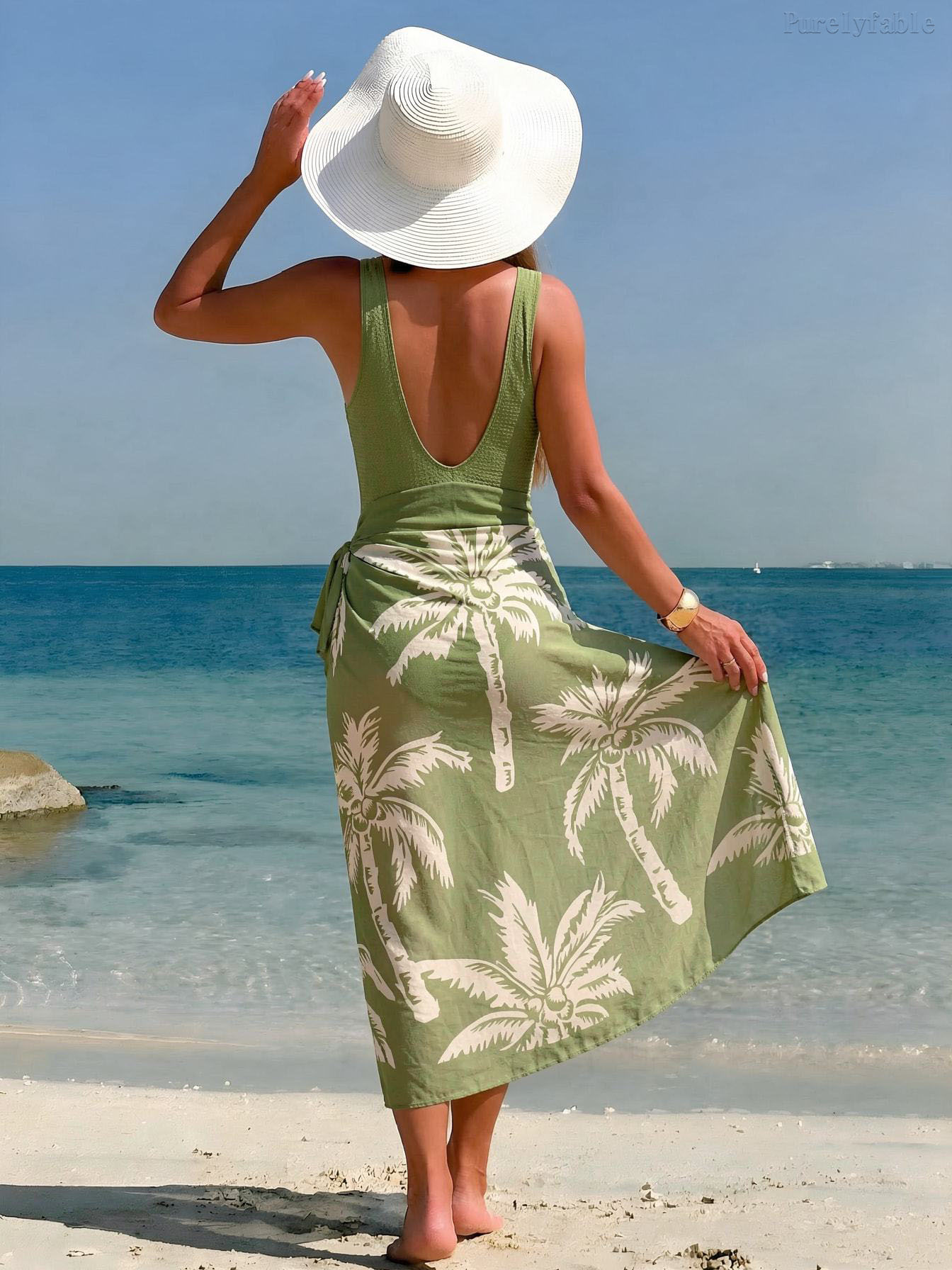 Eliana Green Swimsuit Wrap Skirt Two Piece Set