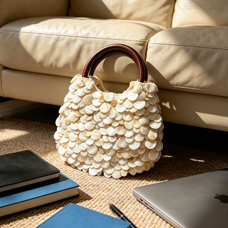 Beige Wooden Handle HndBag