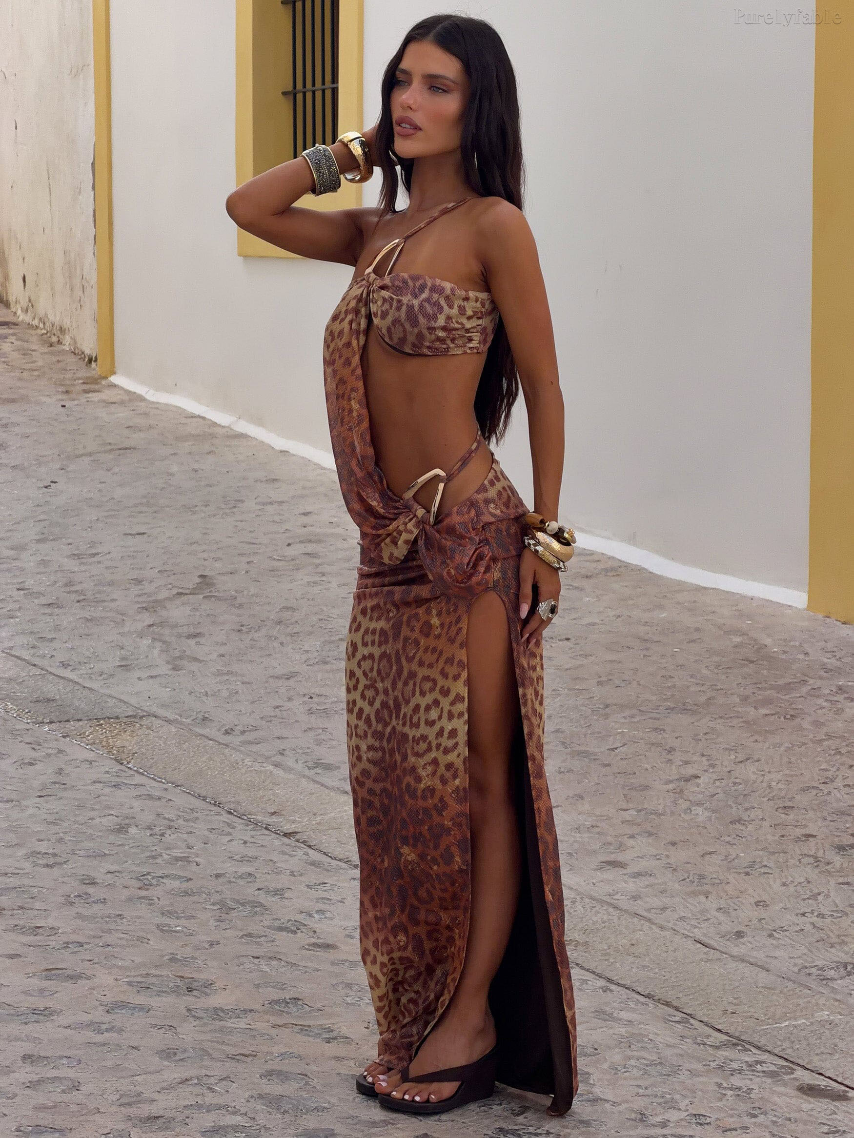 Alondra Brown Single-Shoulder Asymmetrical Long Dress