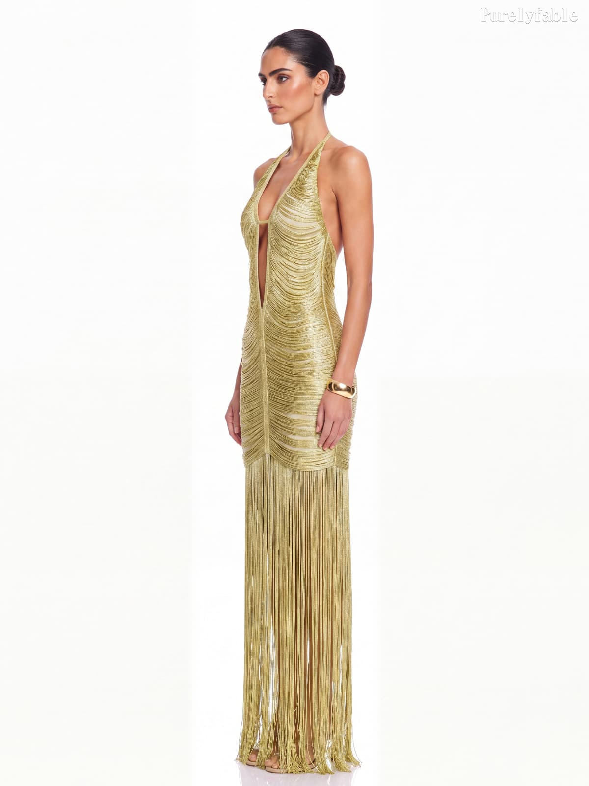 Calliope Golden Deep V Fringed Fitted Long Dress