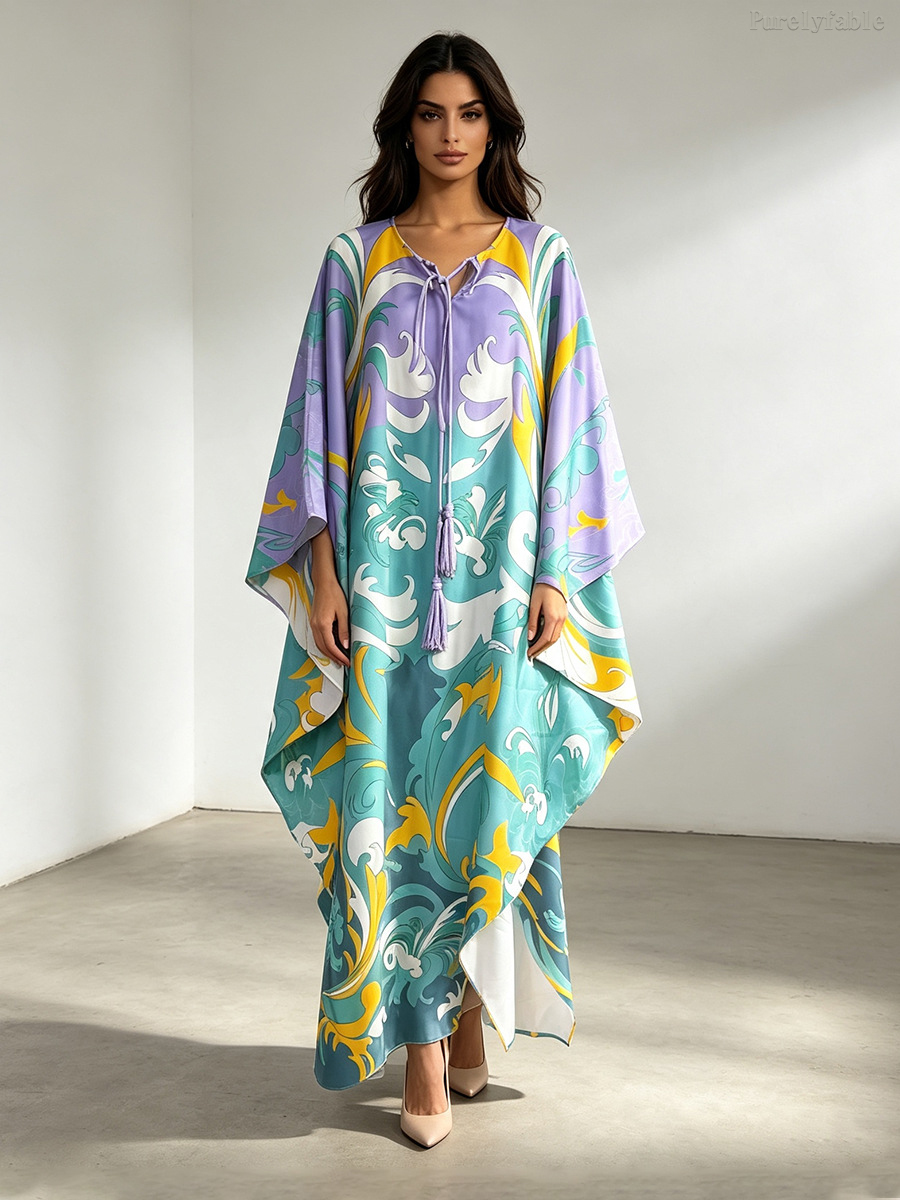 Rosalie Purple Loose-Knit Lace-Up Printed Long Dress