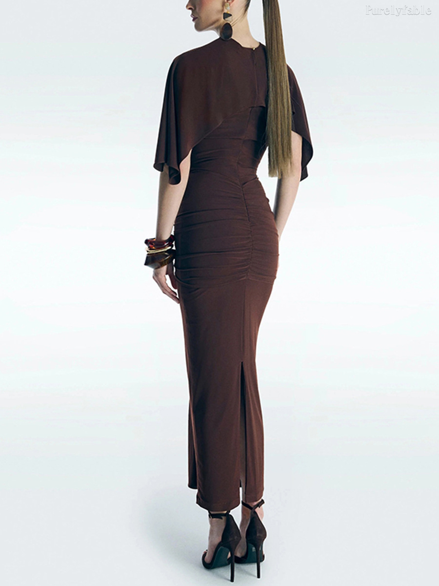 Lila Coffee-Colored Metal-Buttoned Belted Shawl Dress