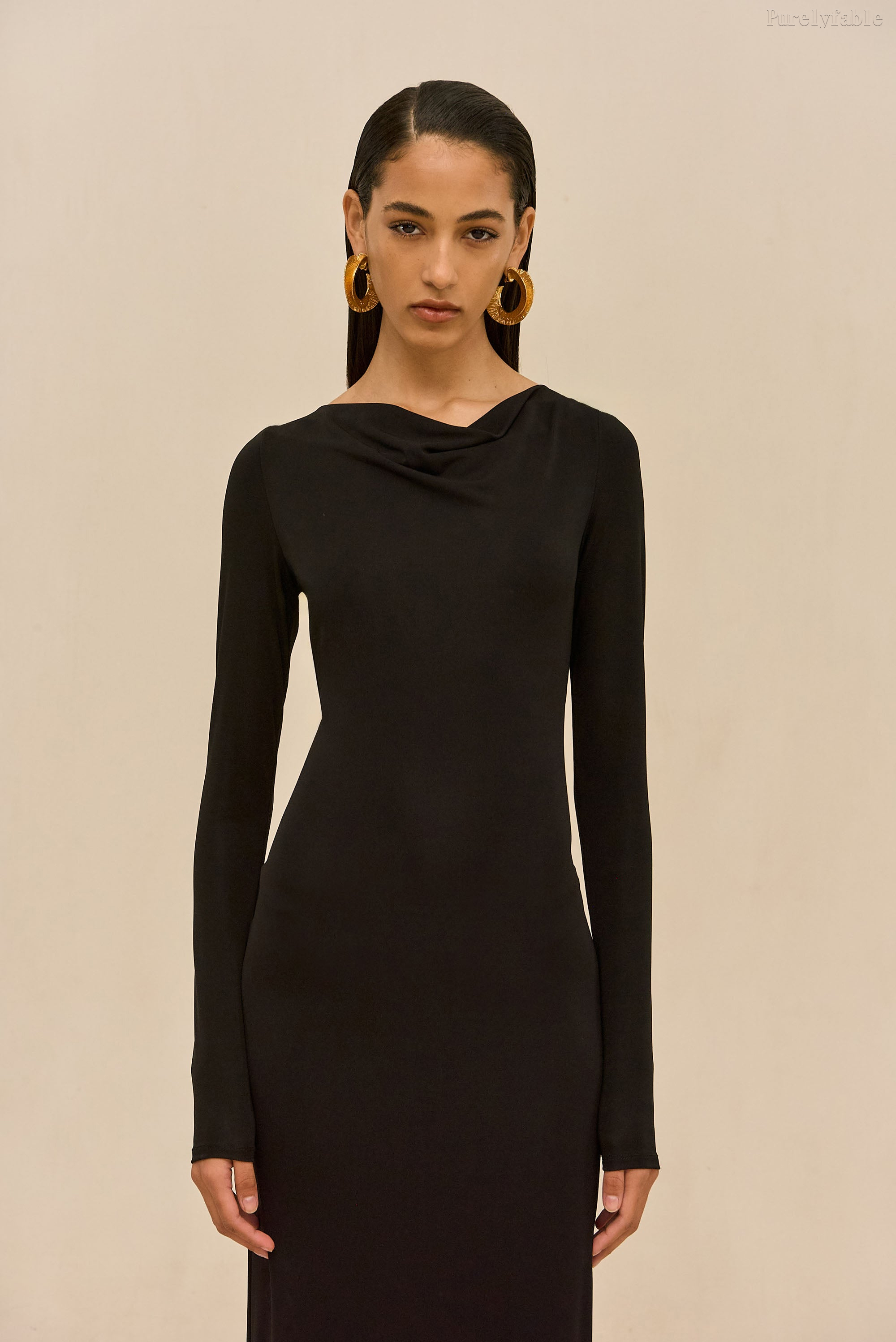 Delphine Black Long-Sleeved Backless Long Dress