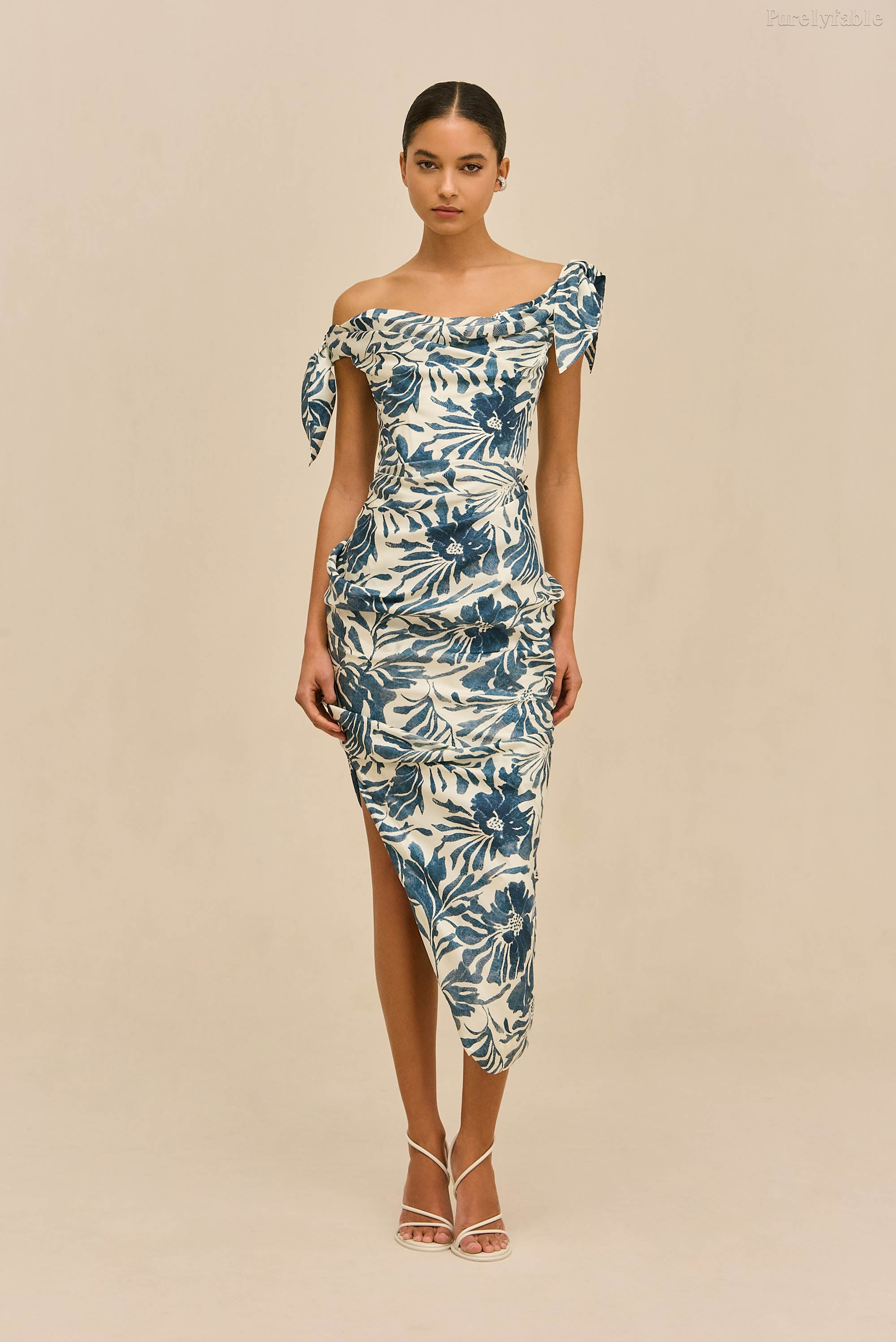 Elara Blue Sleeveless Floral Asymmetric Mid-Length Dress
