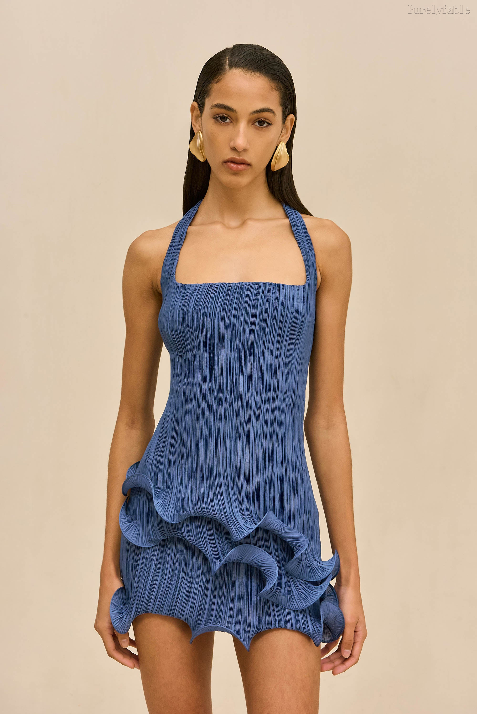Elysse Blue Halter Neckline Ruffle Hem Short Dress