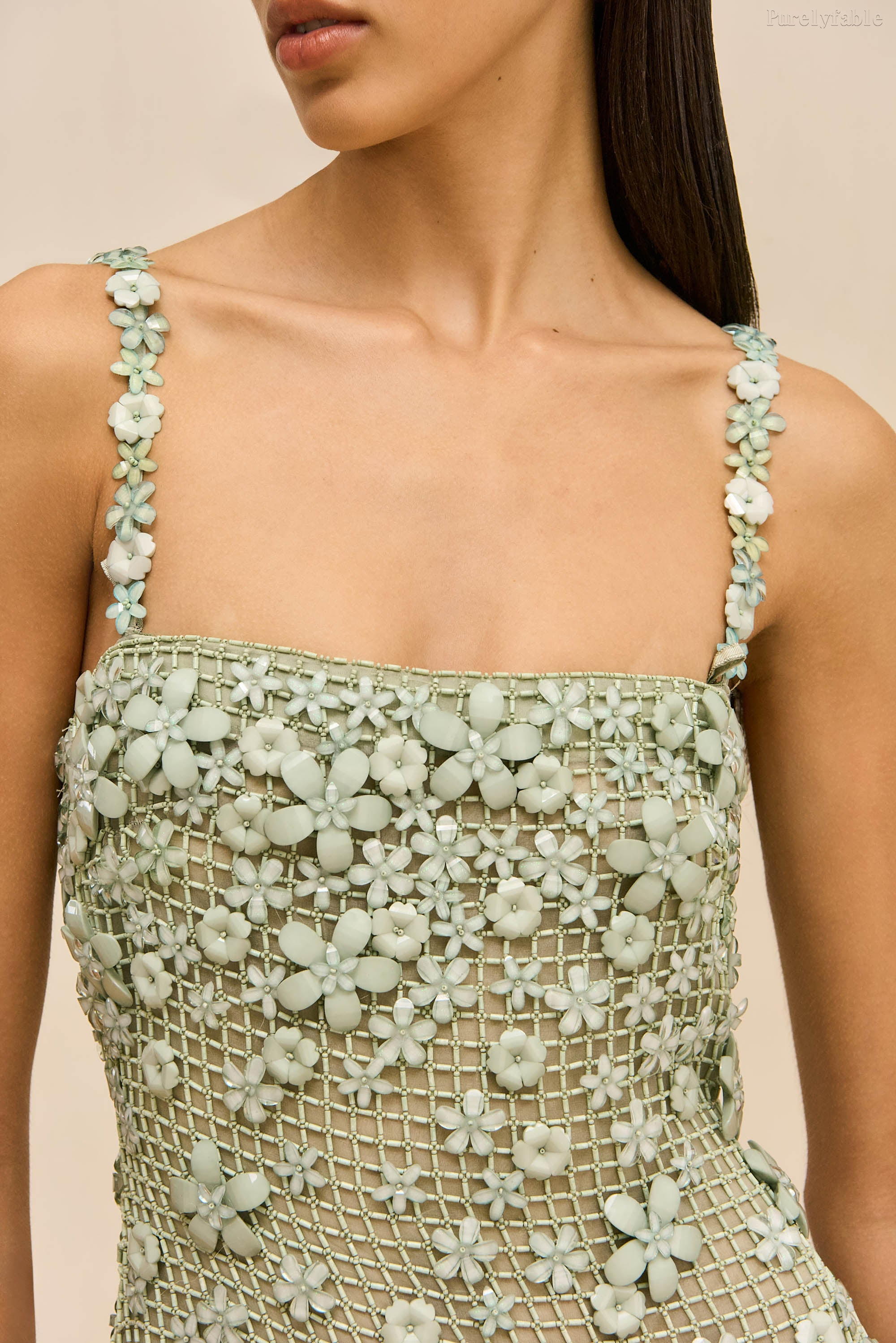 Evelina Green Square-neck Net Sash Short Dress