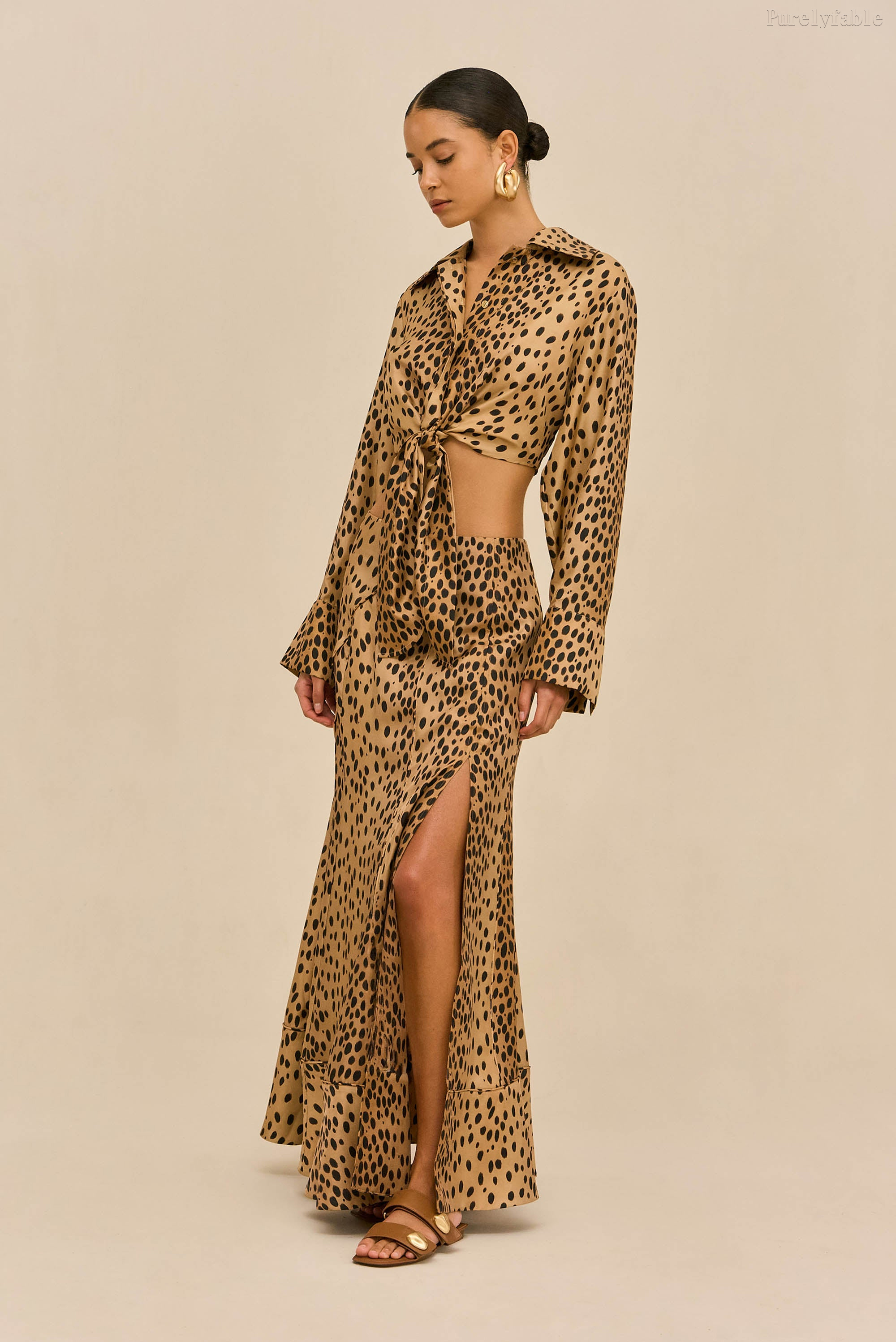Elara Khaki-Colored Fine Shoulder-Belt High Slit Dress Set