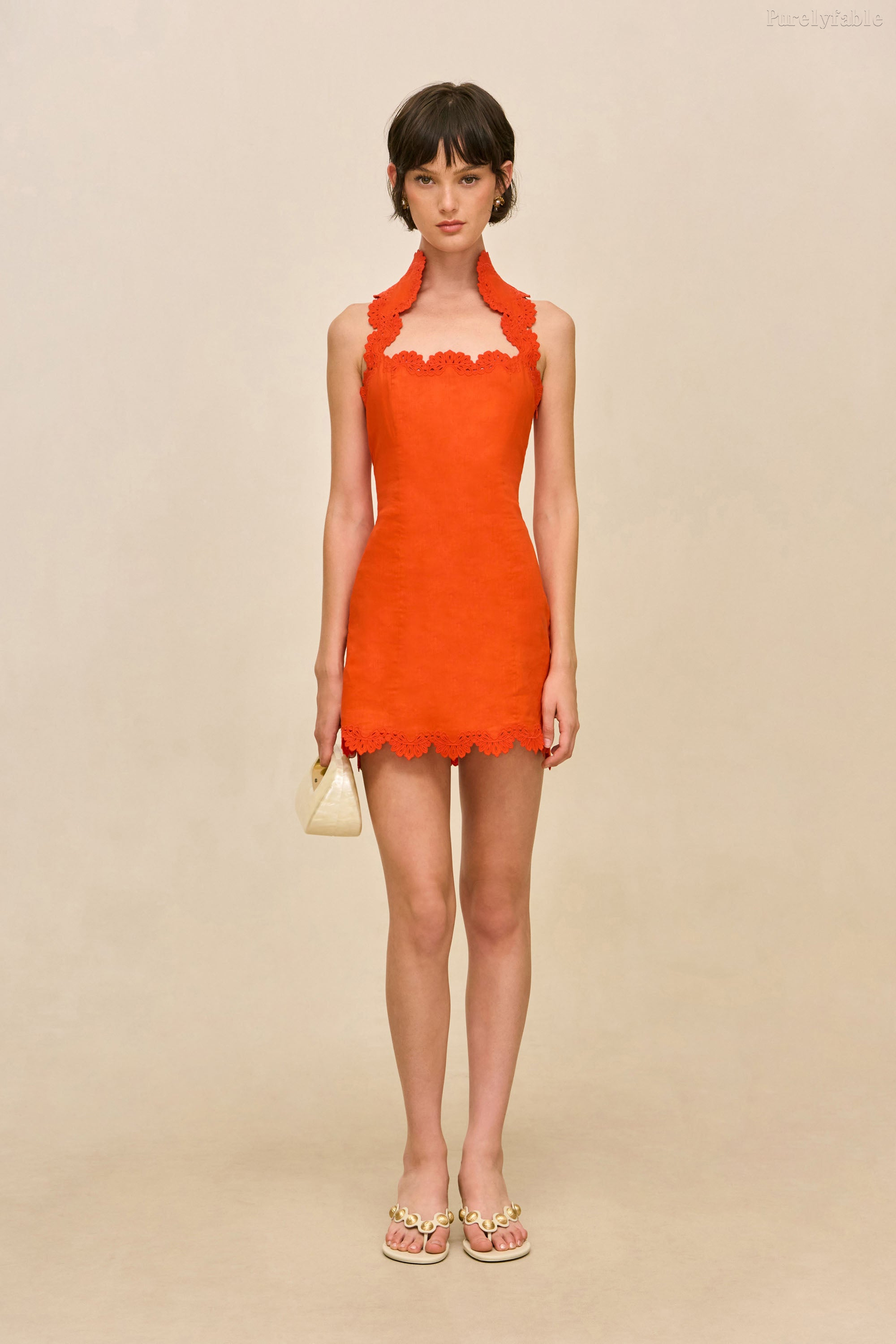 Elysse Orange Color Neckline Lace Tight-Fitting Short Dress