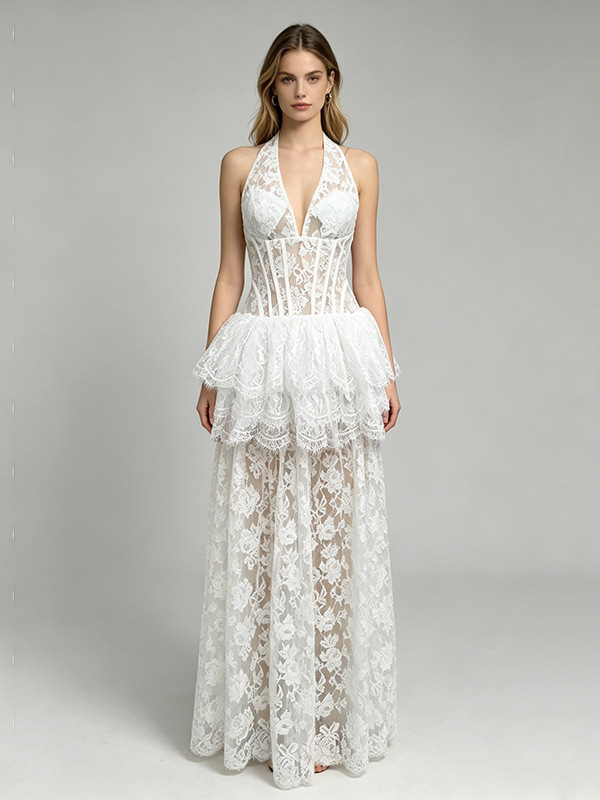 Melinda White V-Neck Lace-Paneled Dress