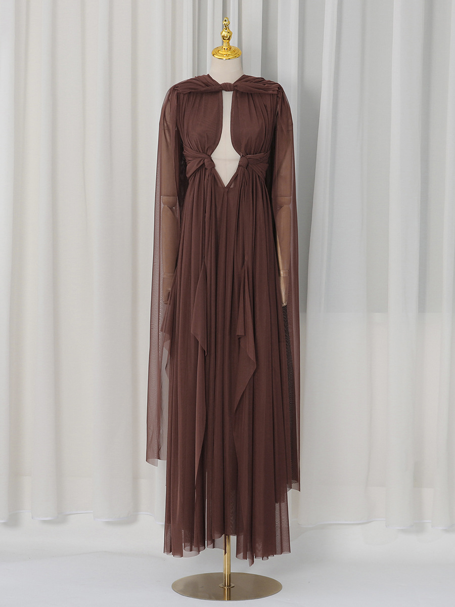 Helena Brown Draped Cape Dress