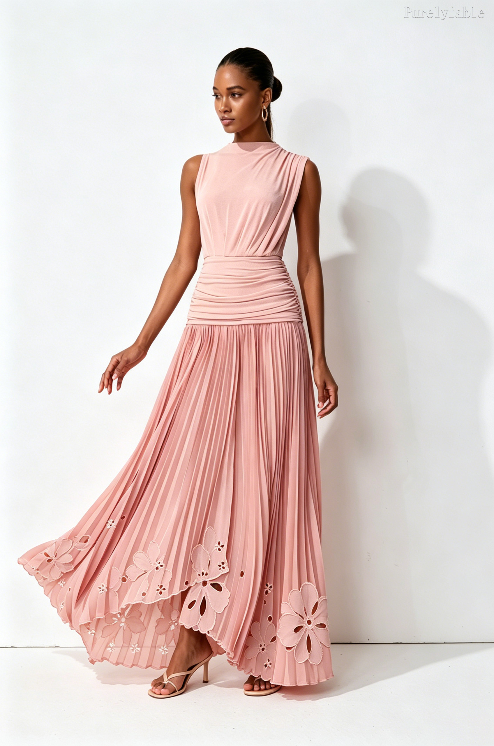 Evanna Pink Sleeveless Half high Neck Floral Dress