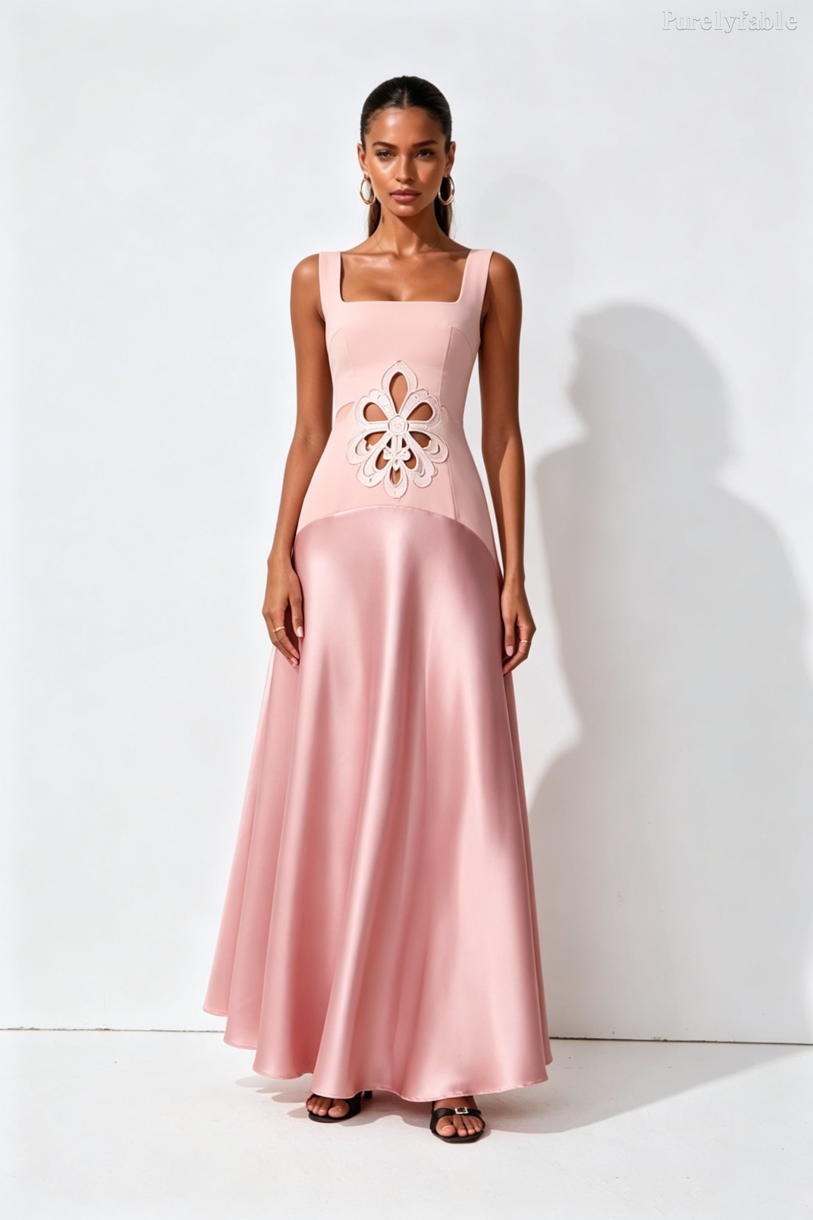 Daphne Pink Square Neck Sleeveless Hollow Out Dress