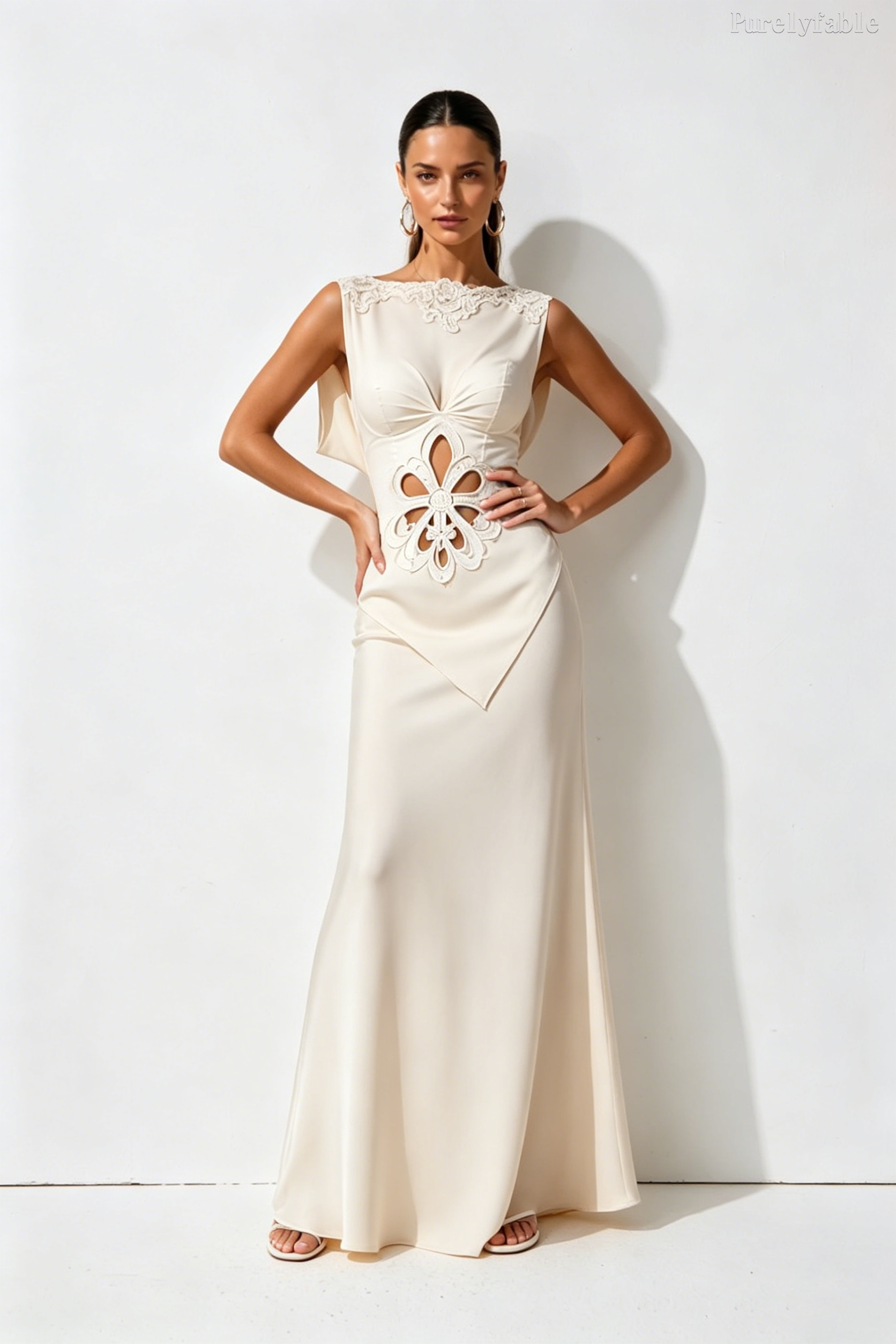 Daphne White Sleeveless Hollow Flower Dress