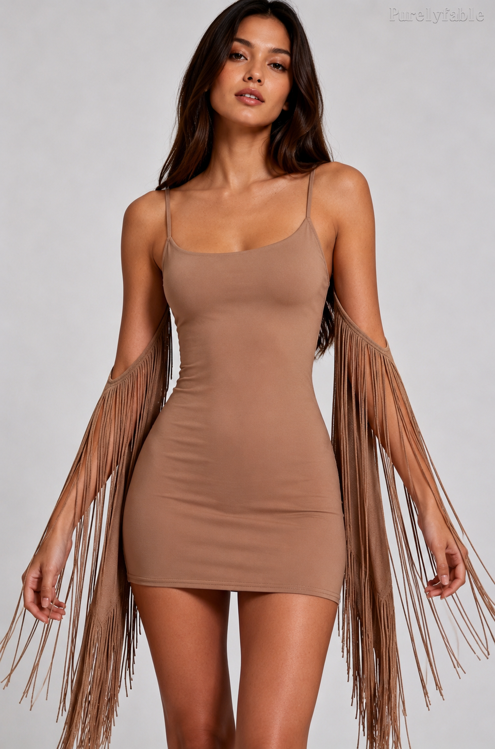 Grace Brown Slim Camisole Backless Fringe Dress