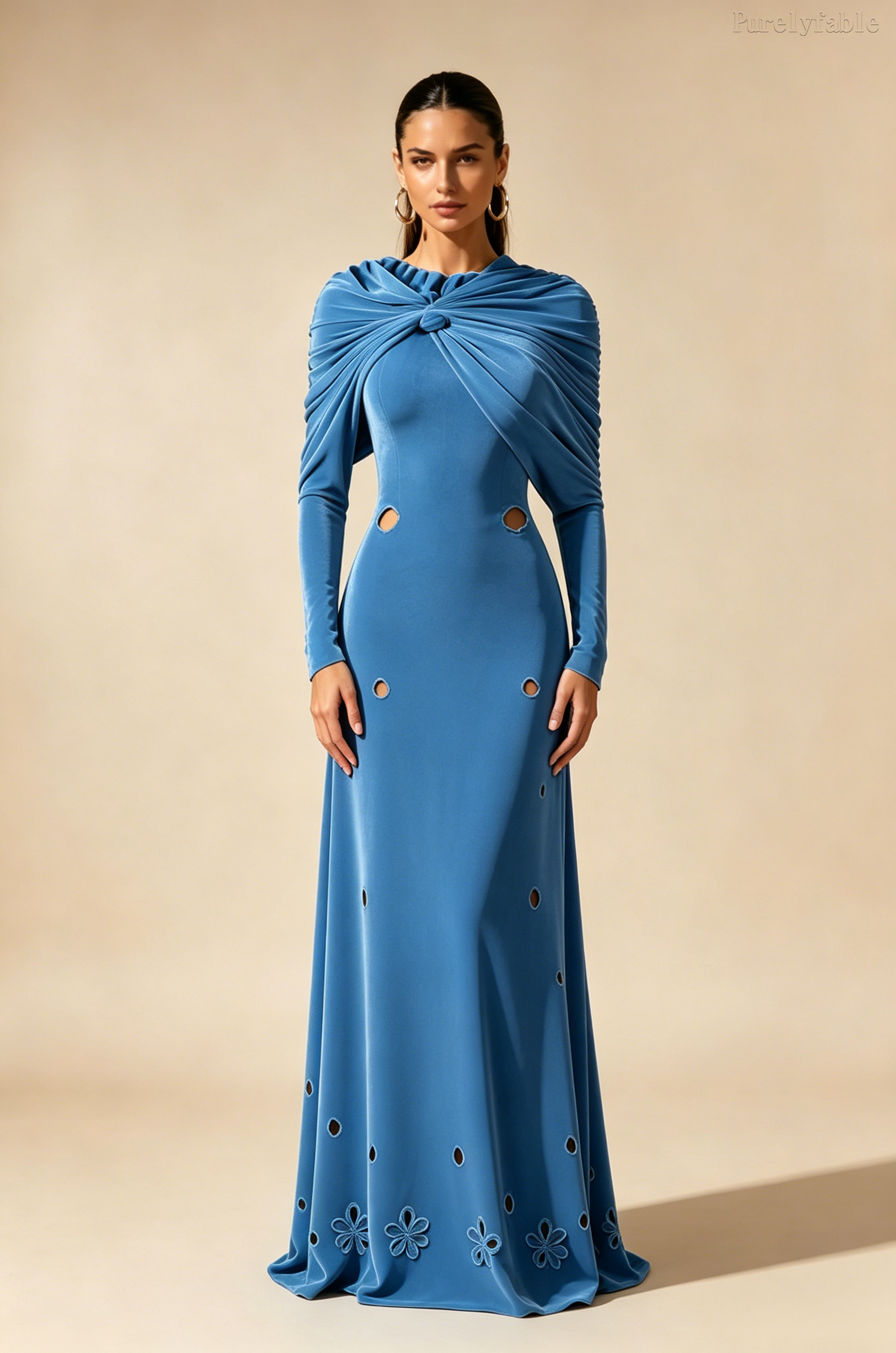 Daphne Blue Long Sleeve Hollow Flower Tail Dress