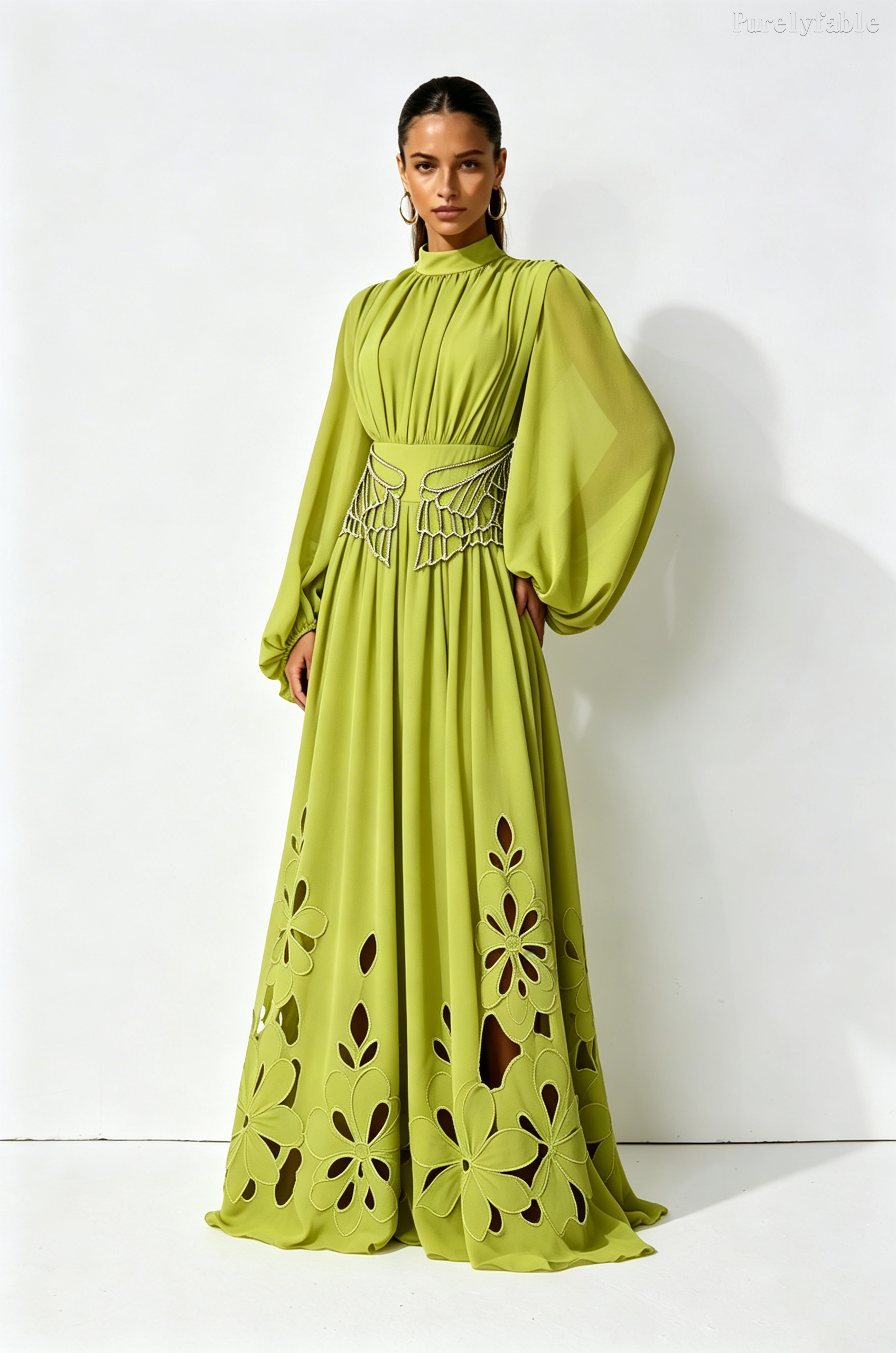 Daphne Green Pleated Small High Neck Bubble Sleeve Dress