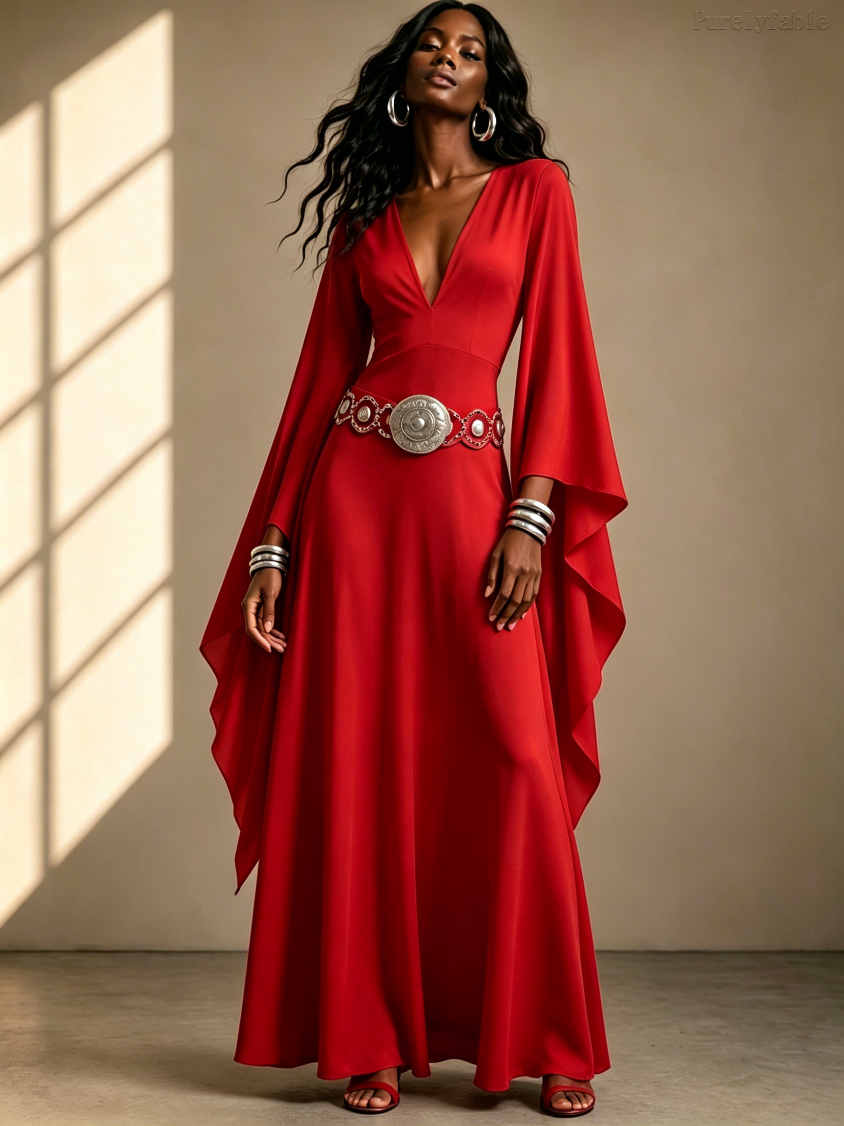 Olive Red Deep V-neck Flared Sleeve Dress
