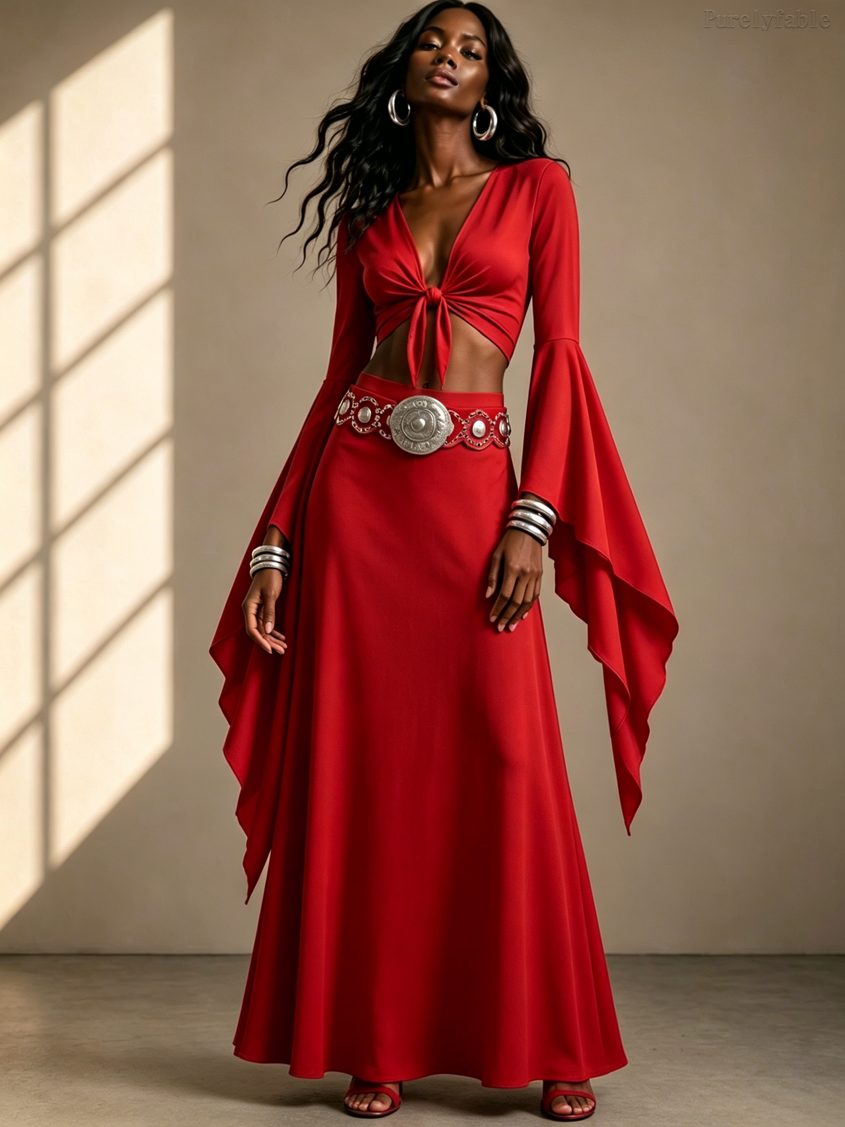 Olive Red Deep V-Strap Short Flared Sleeve Skirt Two-Piece Set