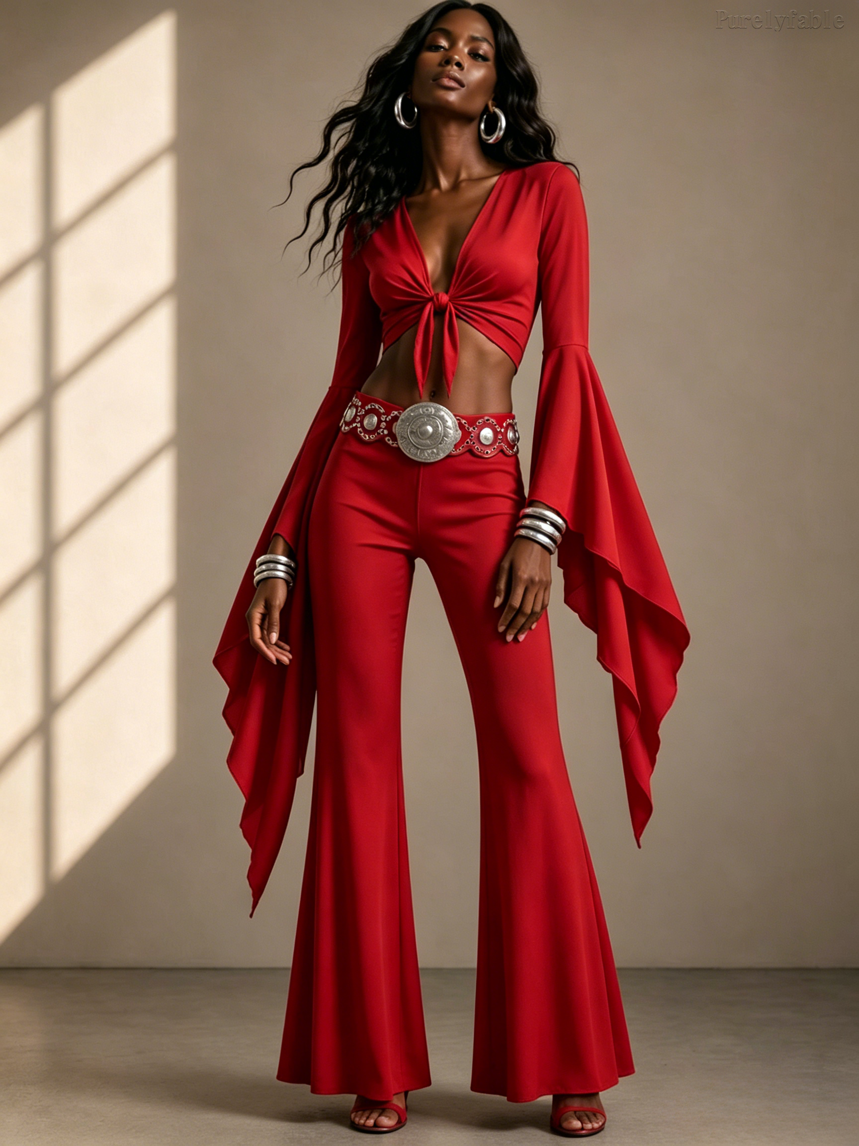 Olive Red Strap Short Style Flared Sleeve Long Pants Two-Piece Set