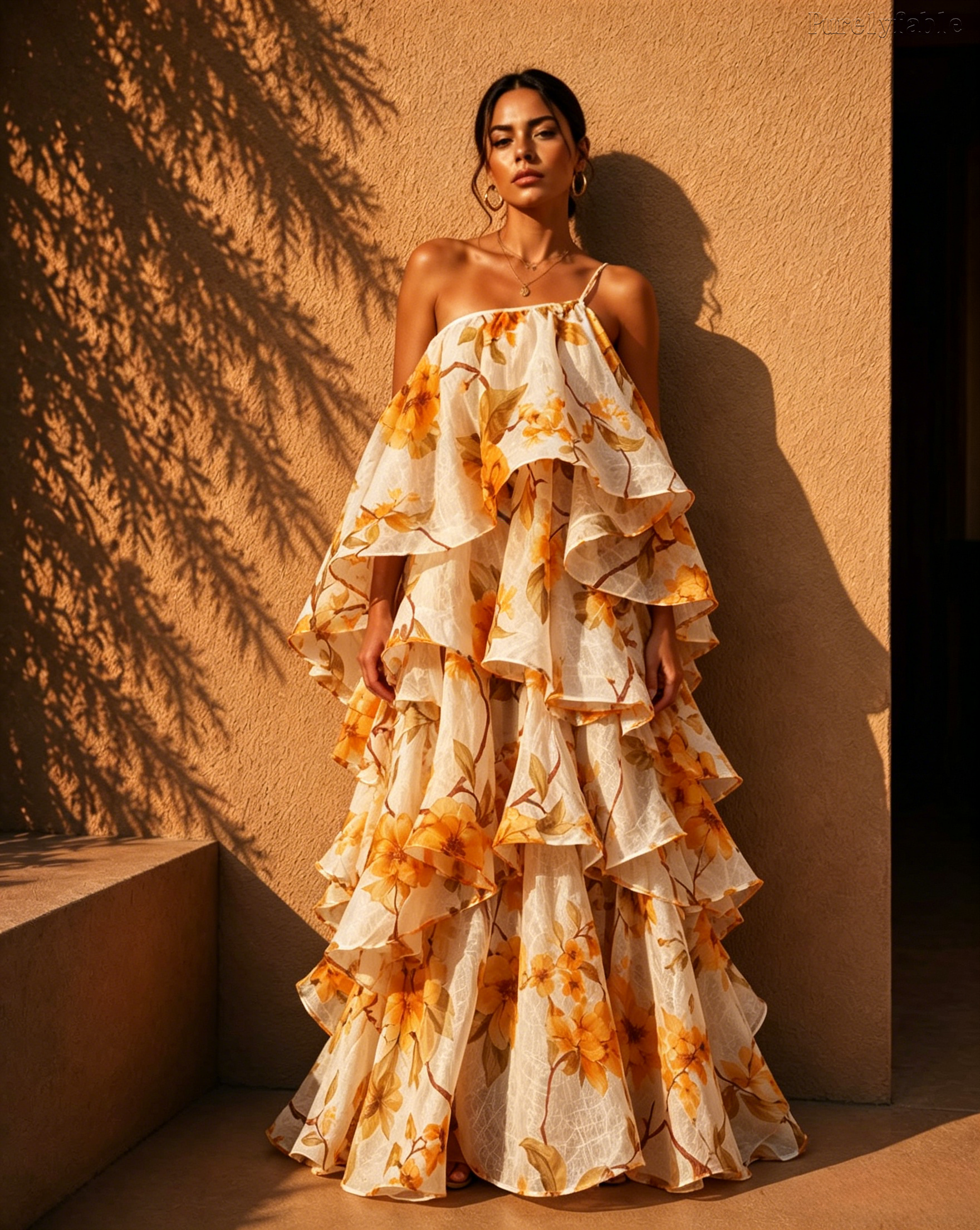 Zora Colored Single-Sided Off Shoulder Layered Floral Dress
