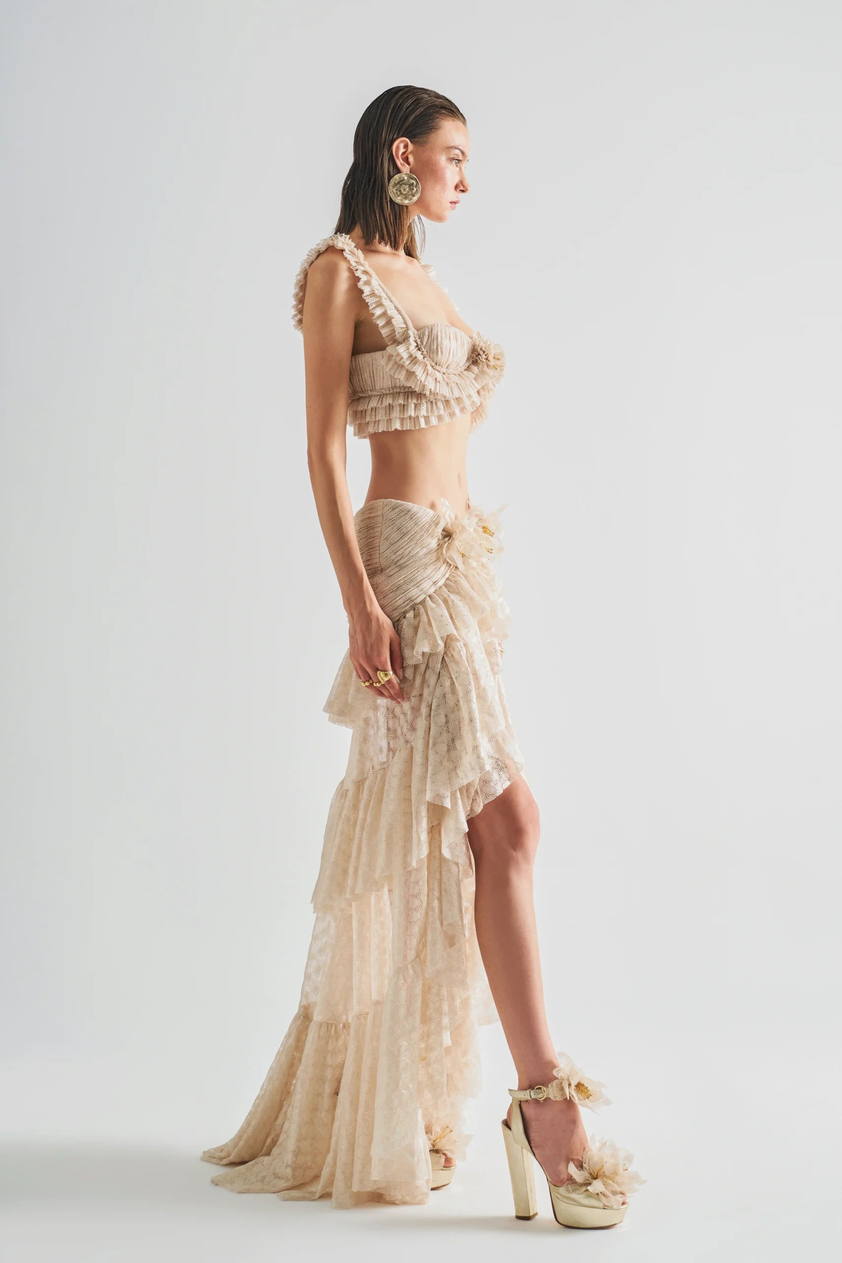 Charis Beige Lace Ruffled Dress Set