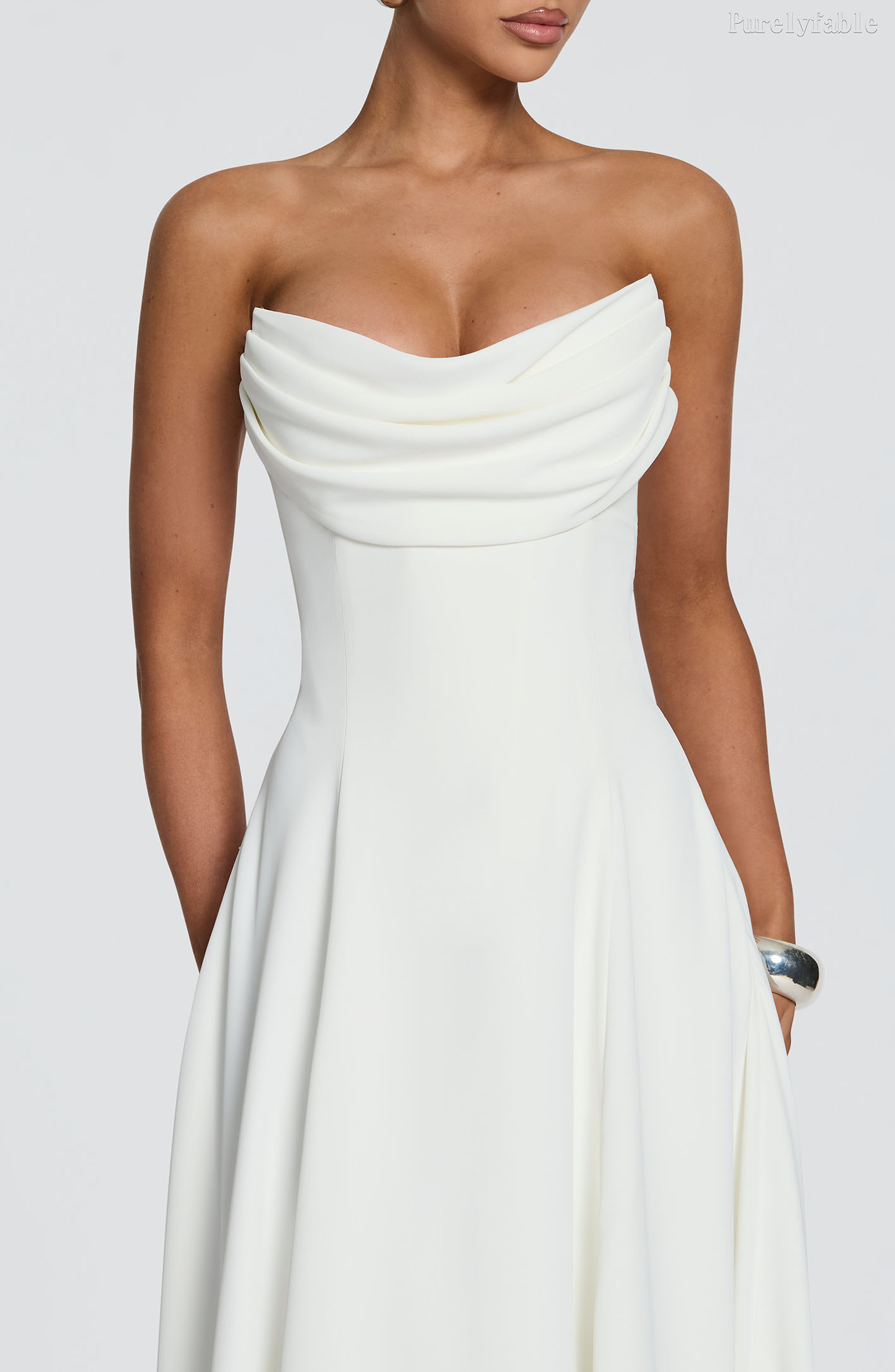 Rebecca White Strapless Swing Collar Midi Dress