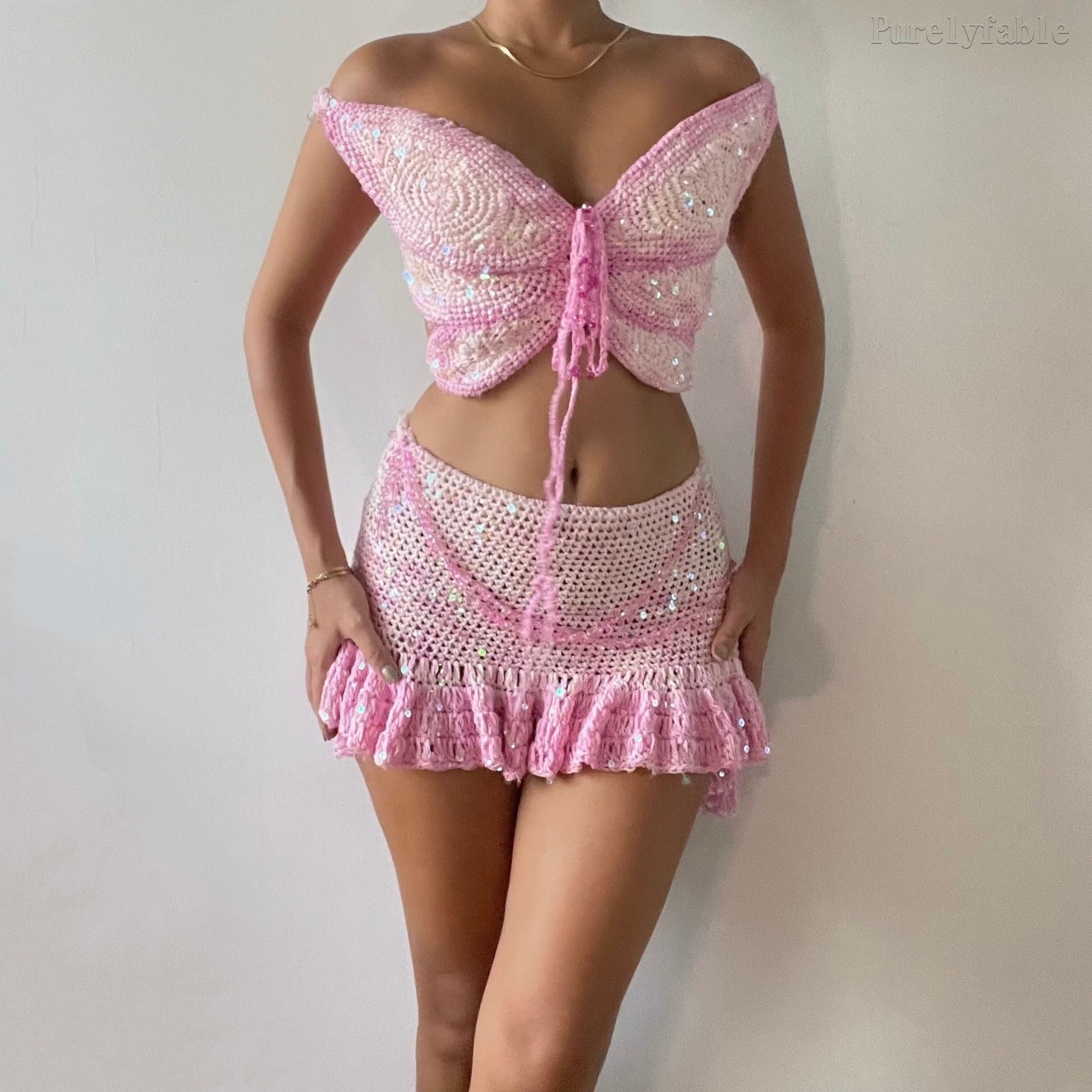 Gracelyn Pink Ombré Butterfly Mini Skirt Set