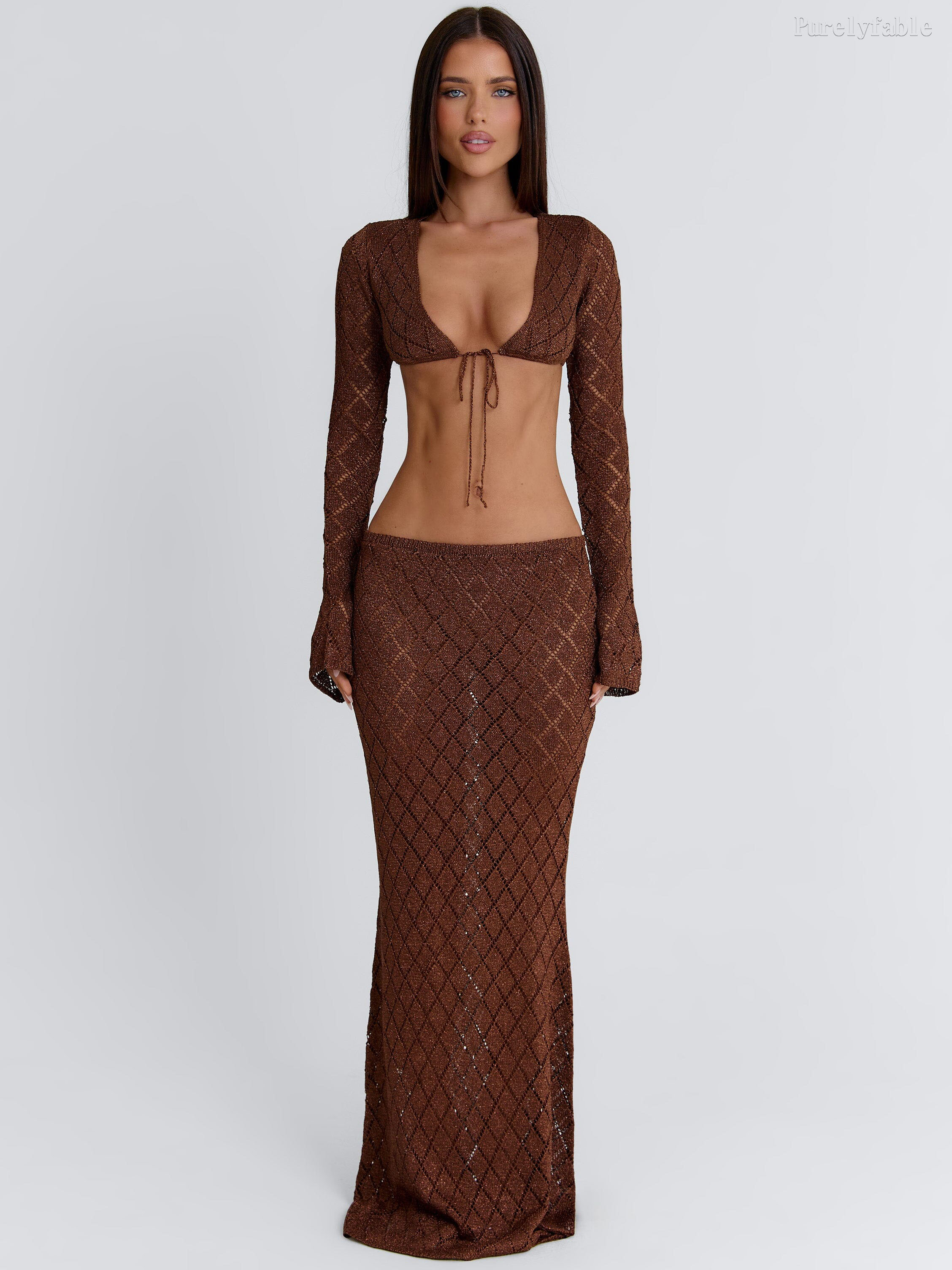 Araceli Brown V-Neck Crop Top and Skirt Two-Piece Set