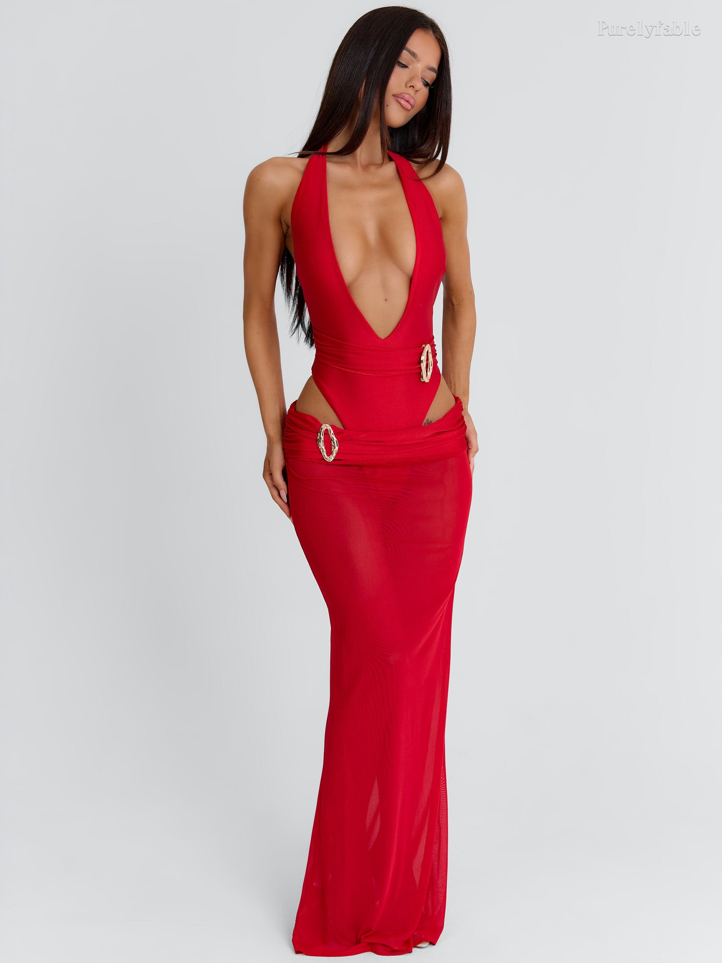 Giselle Red Halter-Neck Cut-Out Maxi Dress