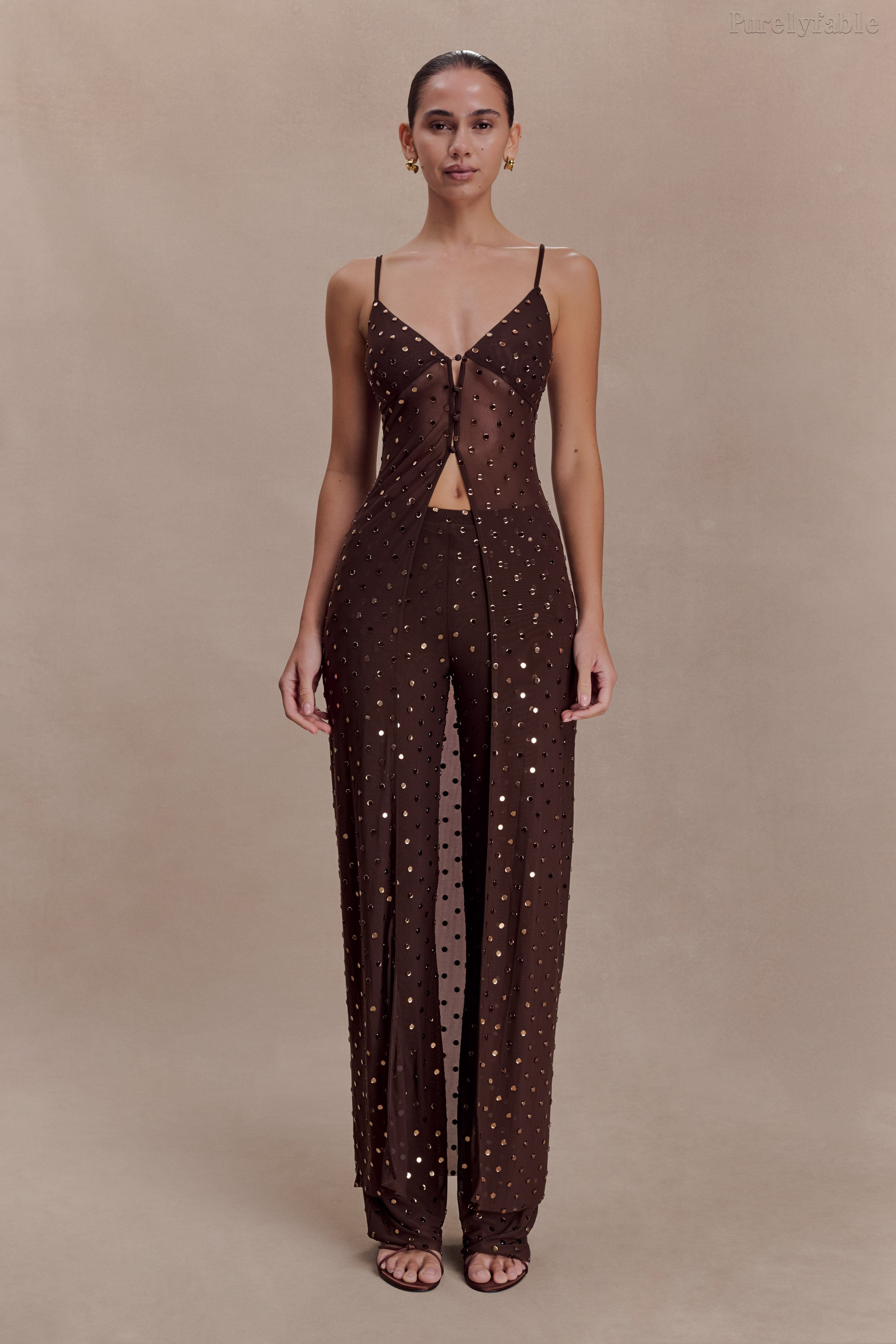 Saskia Brown Mesh Perspective Split Top Pants Set