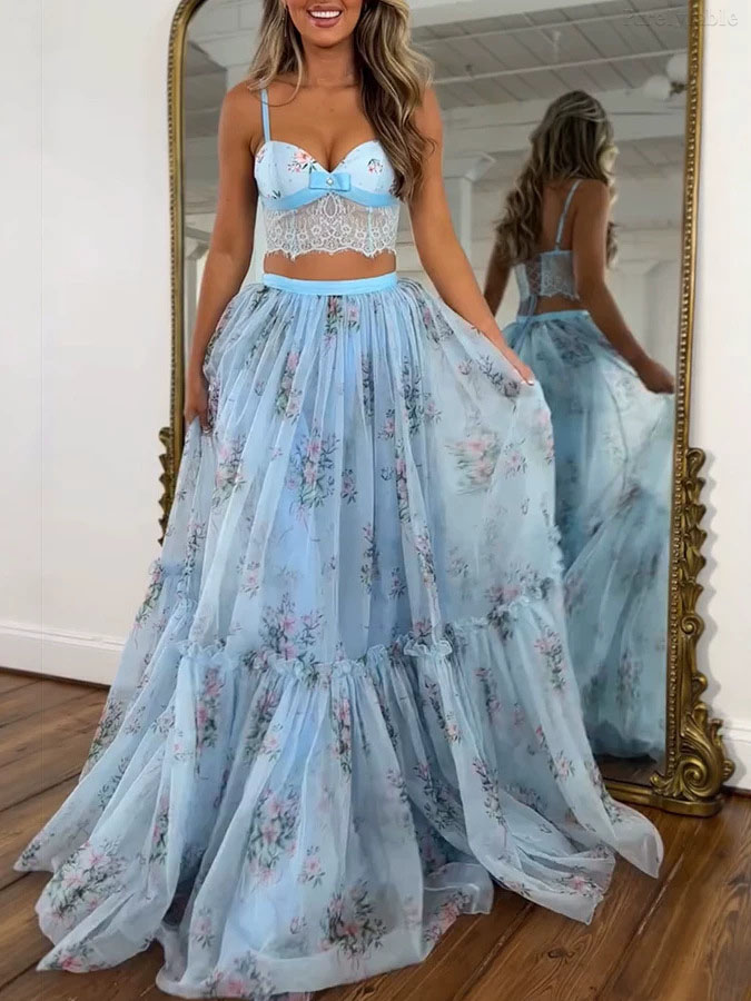 Aurora Apricot Chiffon Printed Half Skirt Two Piece Set
