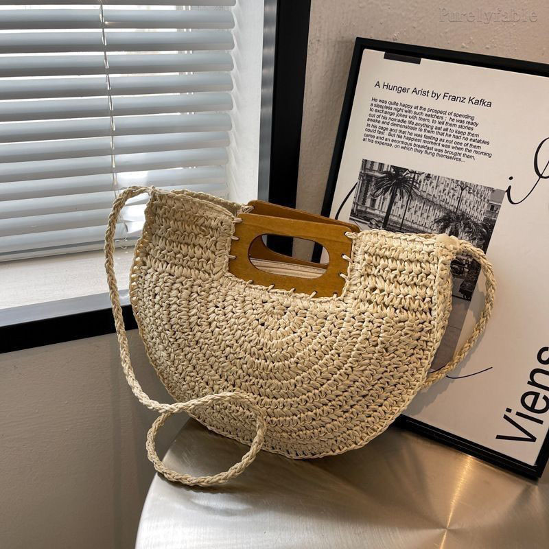 Beige Semi-Circular Straw Woven Bag