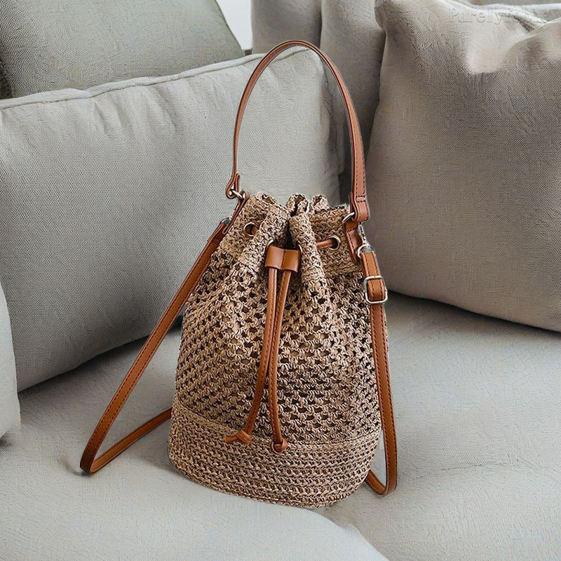 Brown Grass Woven Bucket Bag