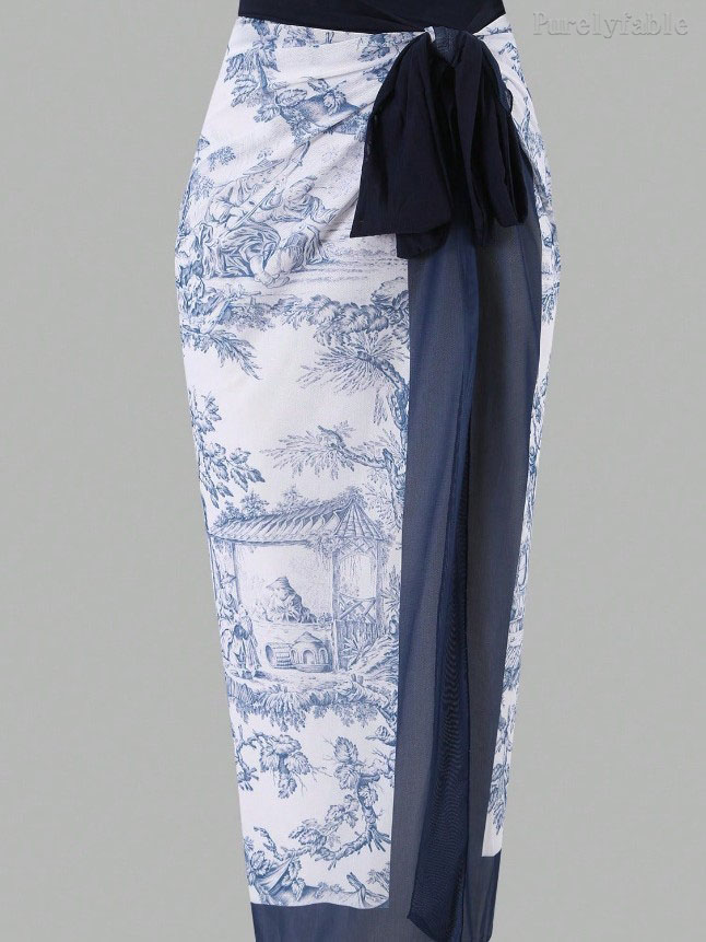 Camilla Blue Sexy Swimsuit Wrap Skirt Set