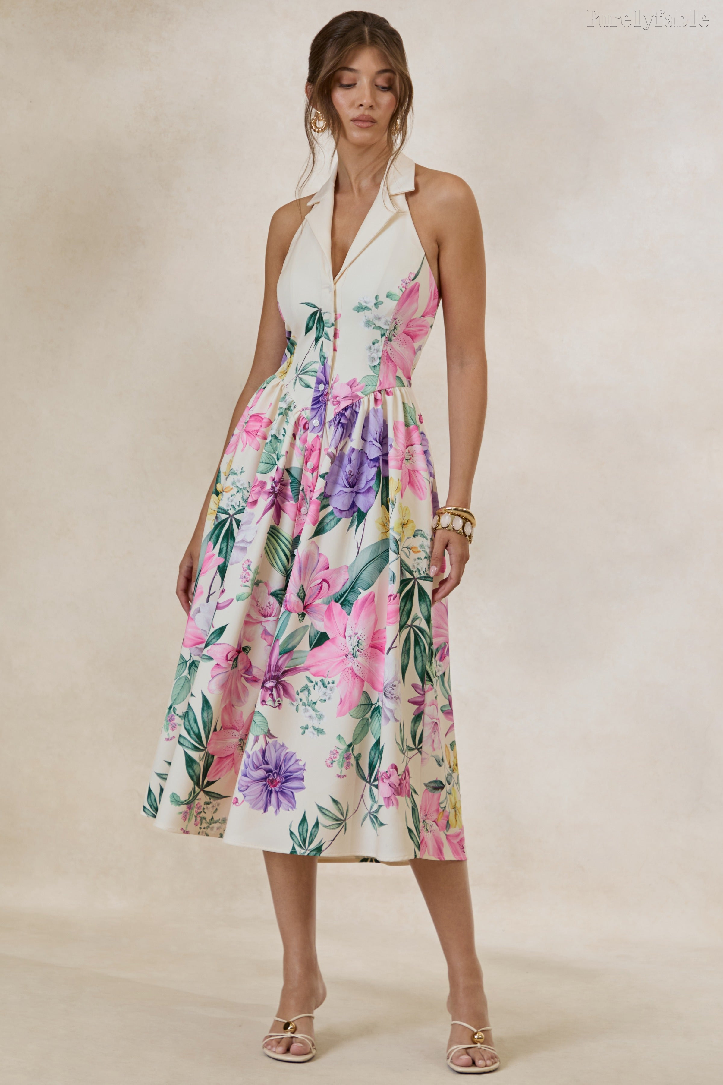Veda Colorful Printed Sleeveless Collar Neckline Dress