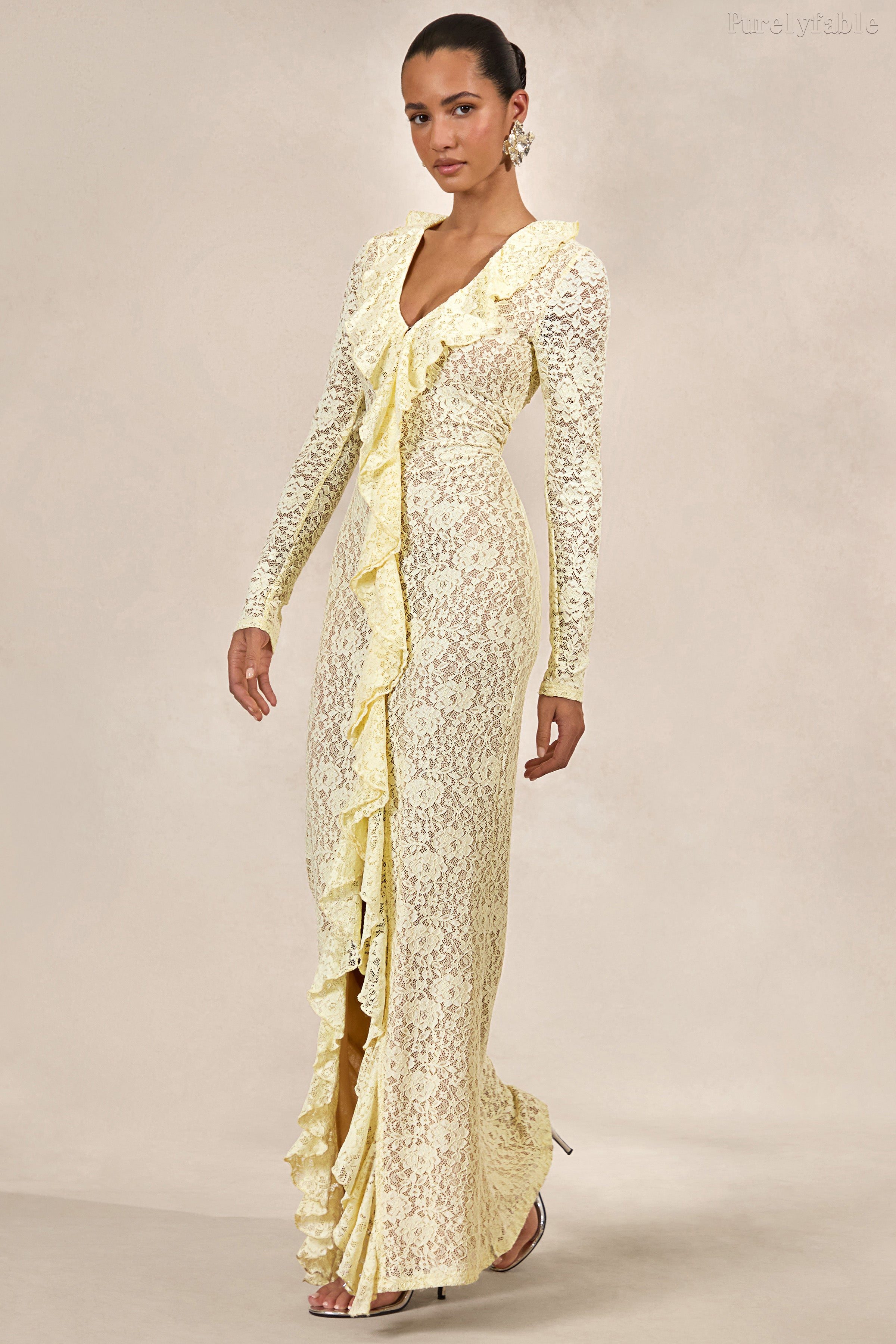 Vivianna Yellow Deep V-Neck Belled Long Dress