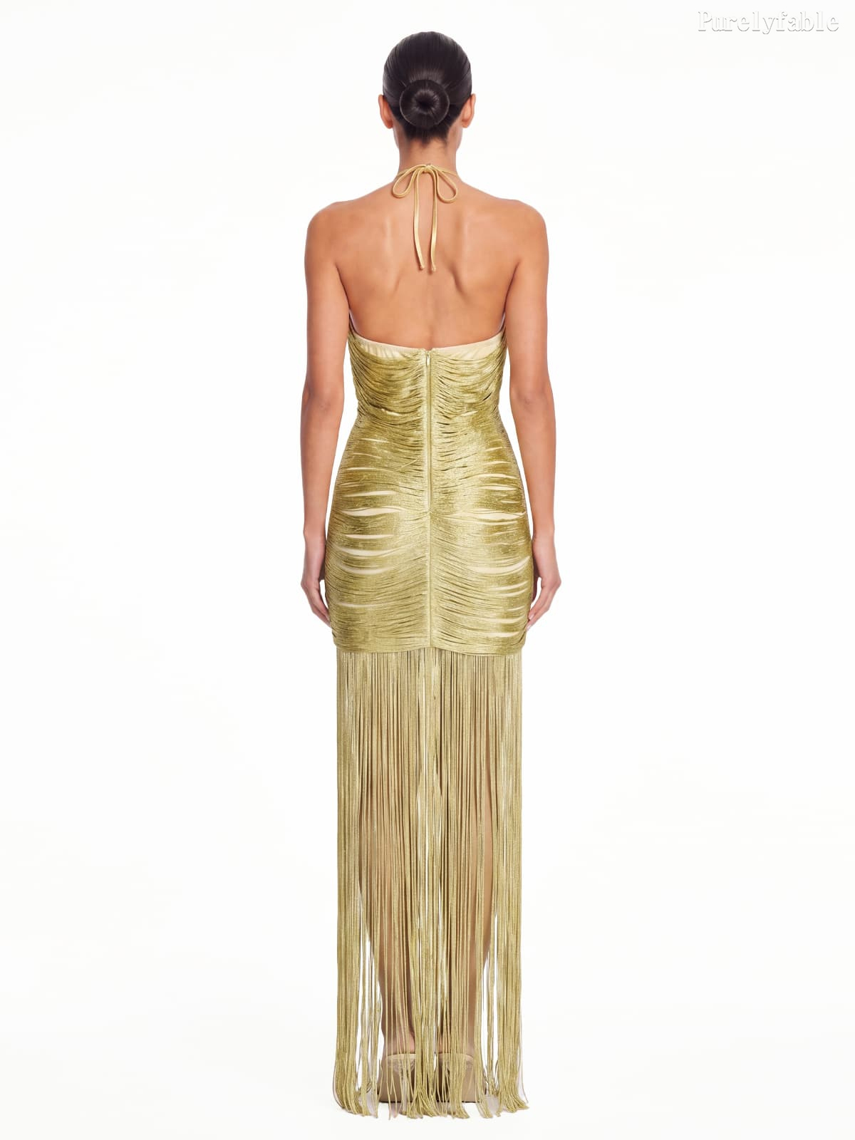 Calliope Golden Deep V Fringed Fitted Long Dress