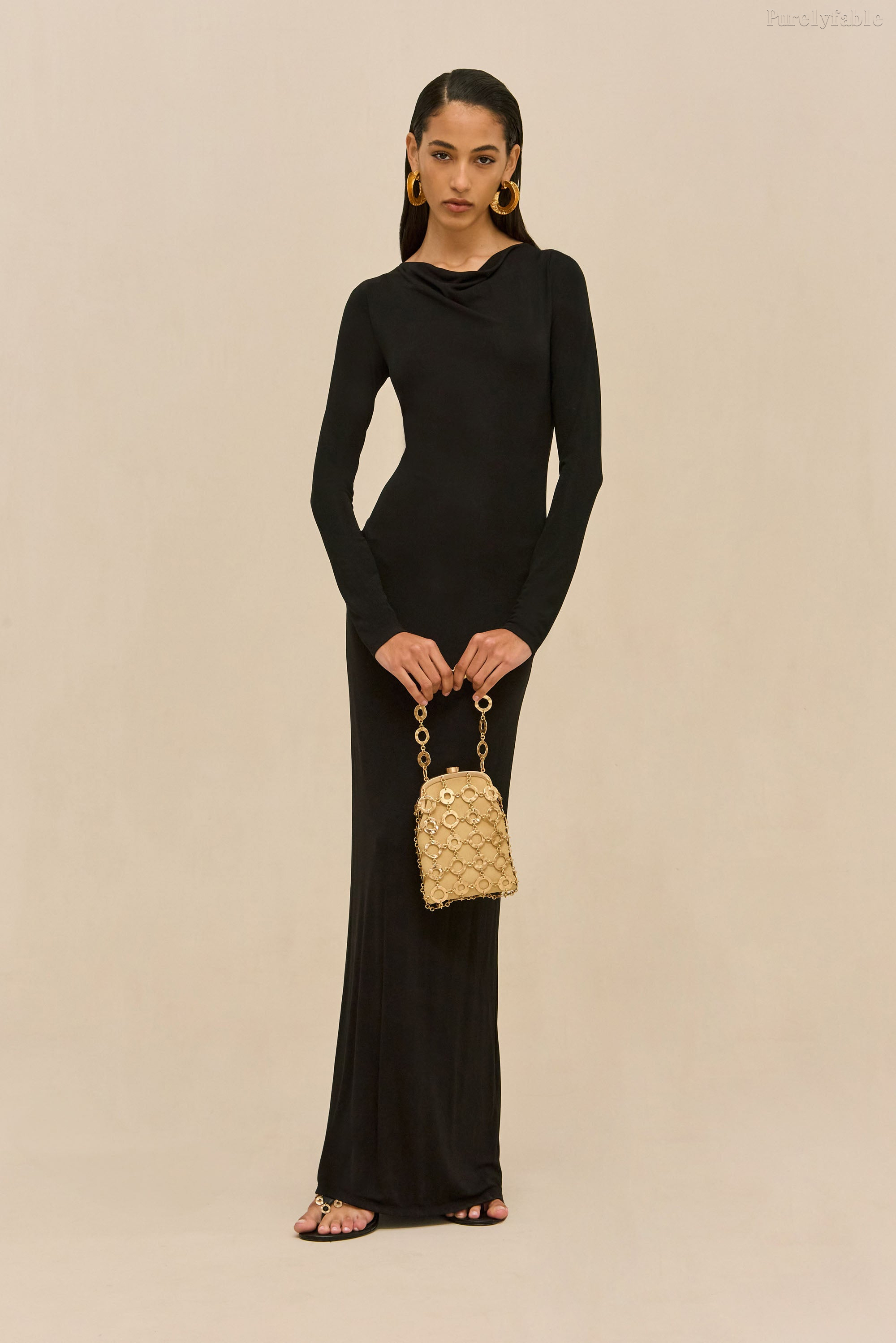 Delphine Black Long-Sleeved Backless Long Dress