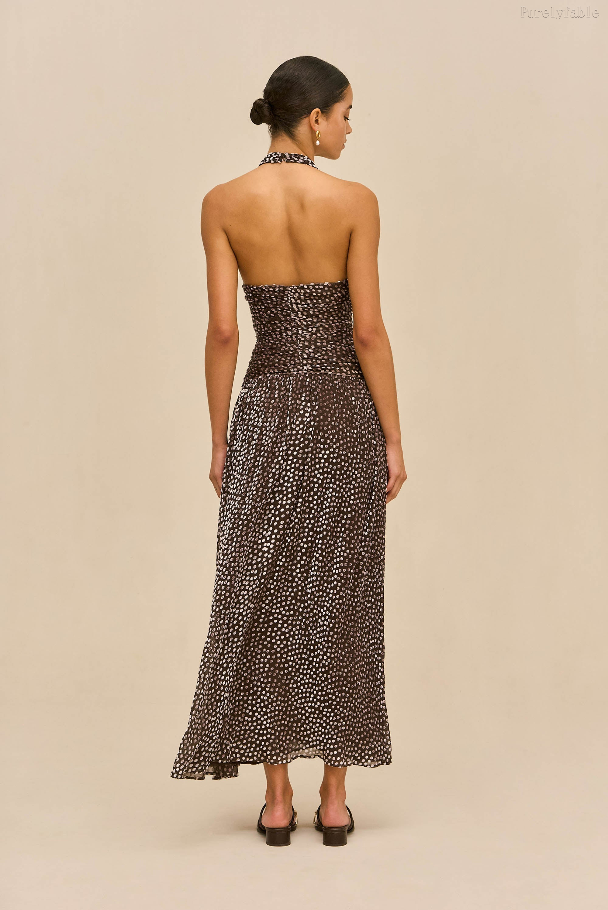 Eden Brown Color V-Neck Sequined Slit Long Dress