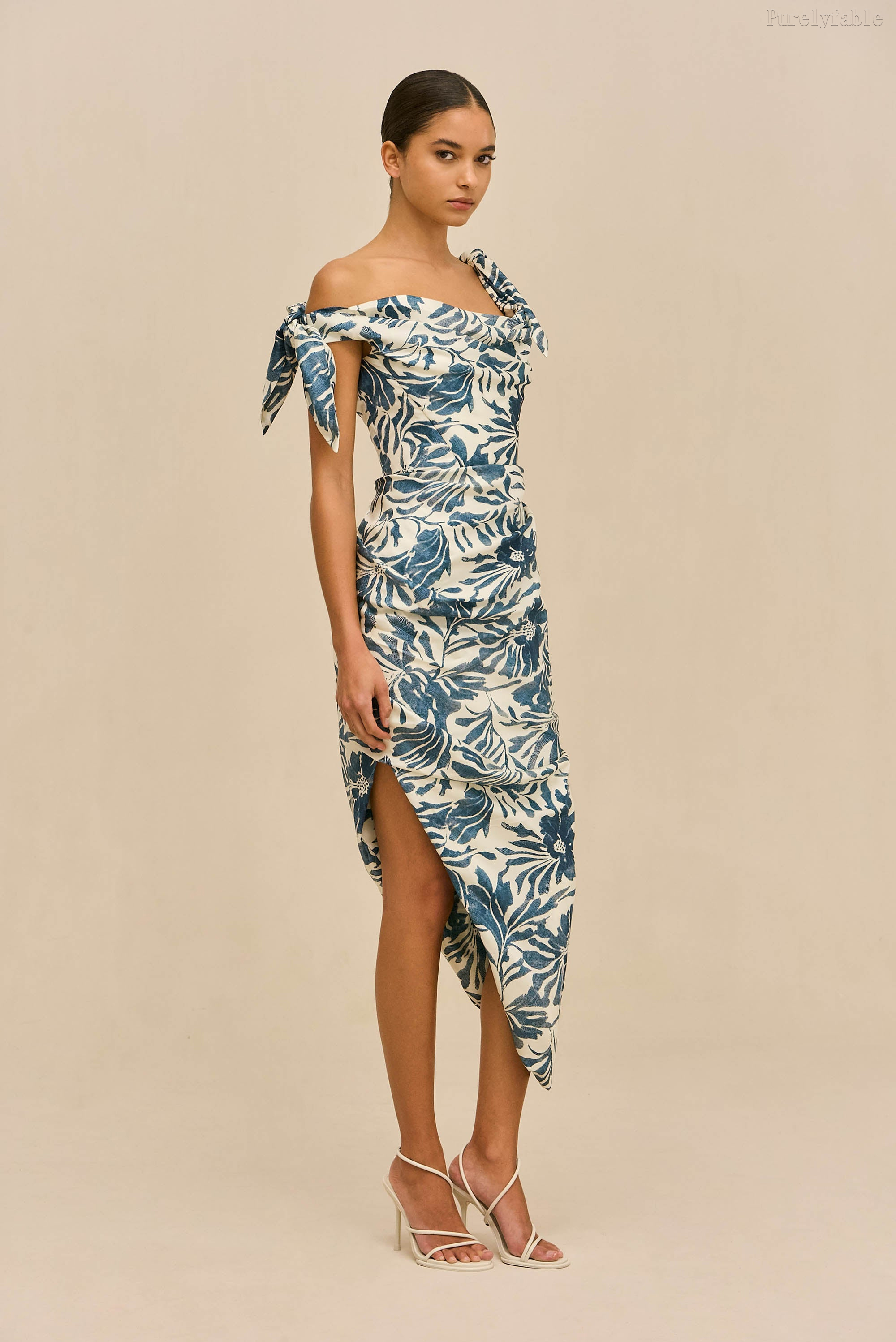 Elara Blue Sleeveless Floral Asymmetric Mid-Length Dress