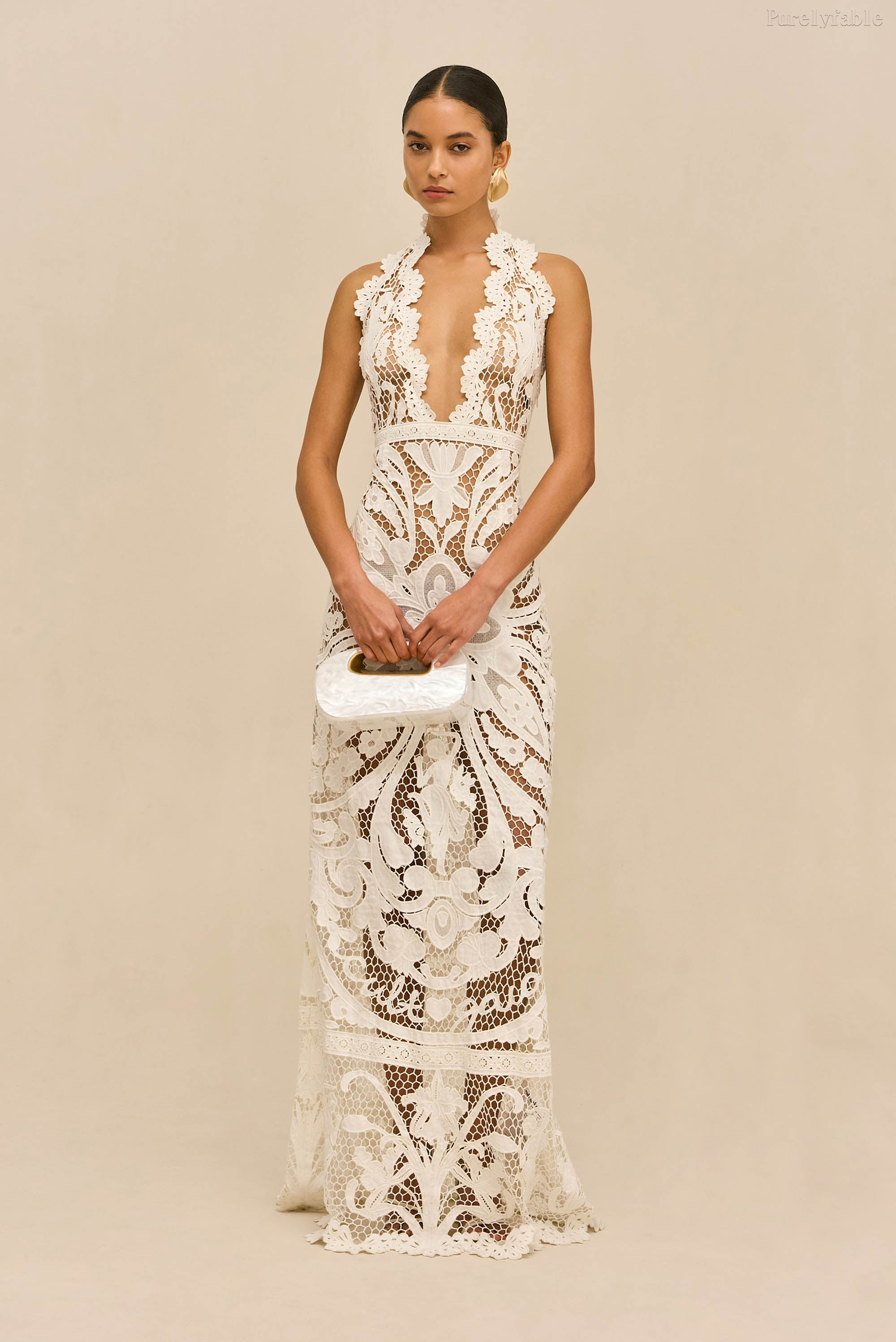 Elara White V-neck Deep-V Sleeveless Long Dress