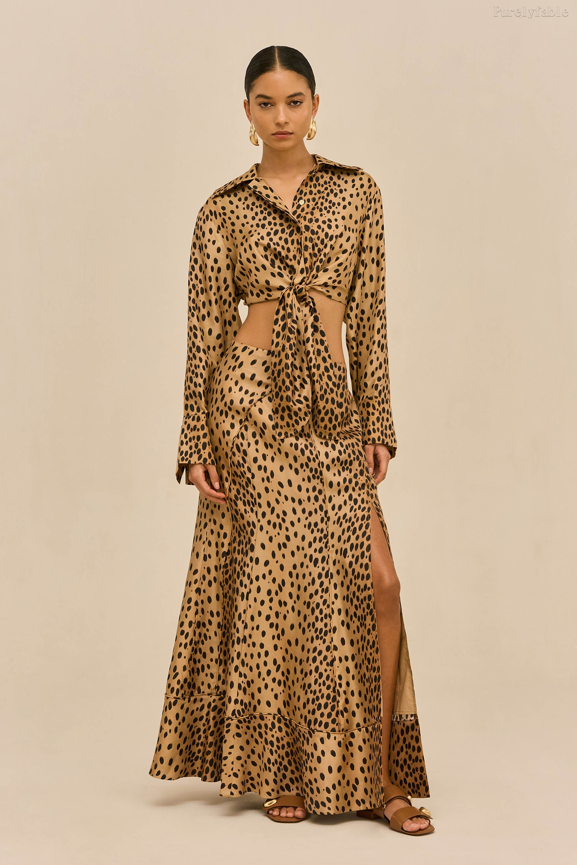 Elara Khaki-Colored Fine Shoulder-Belt High Slit Dress Set