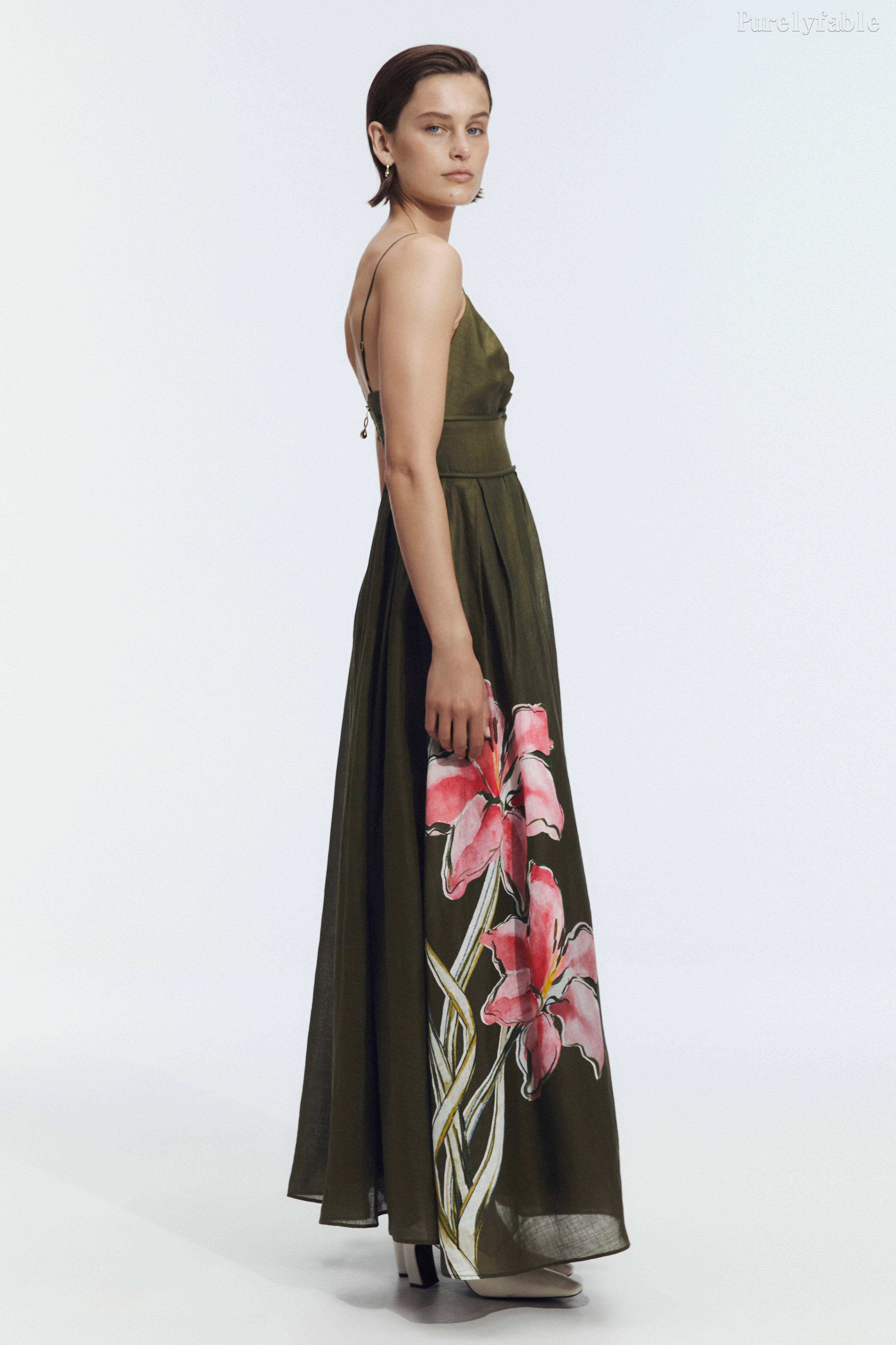 Giana Dark Green Deep V-Neck Long Dress With Thin Shoulder Straps