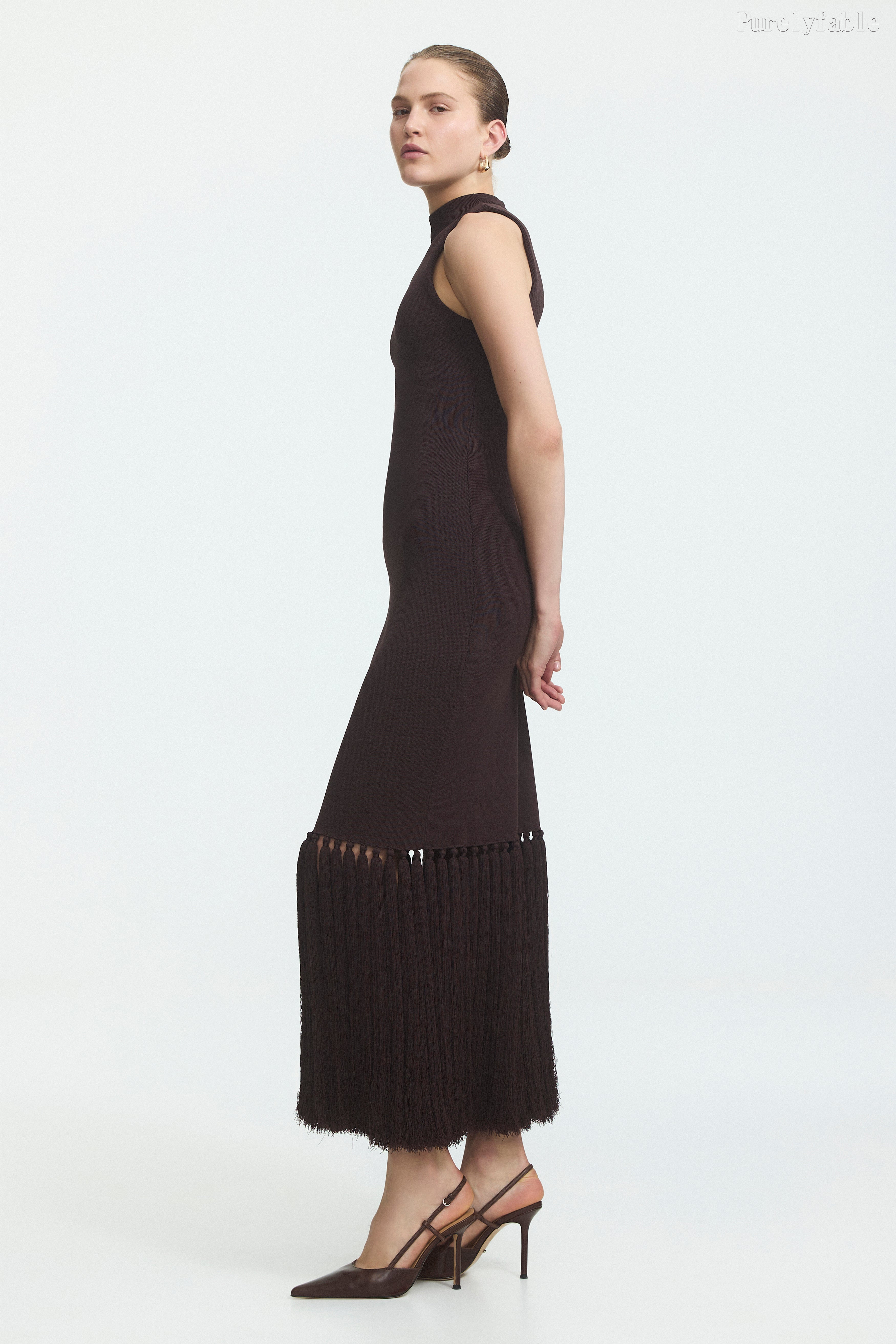 Hazel Brown Color Sleeveless Half-Neckline Mid-Length Evening Dress