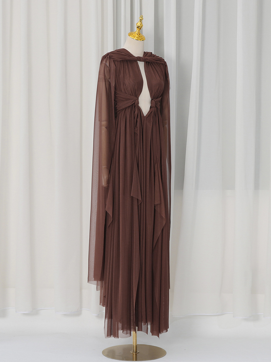 Helena Brown Draped Cape Dress