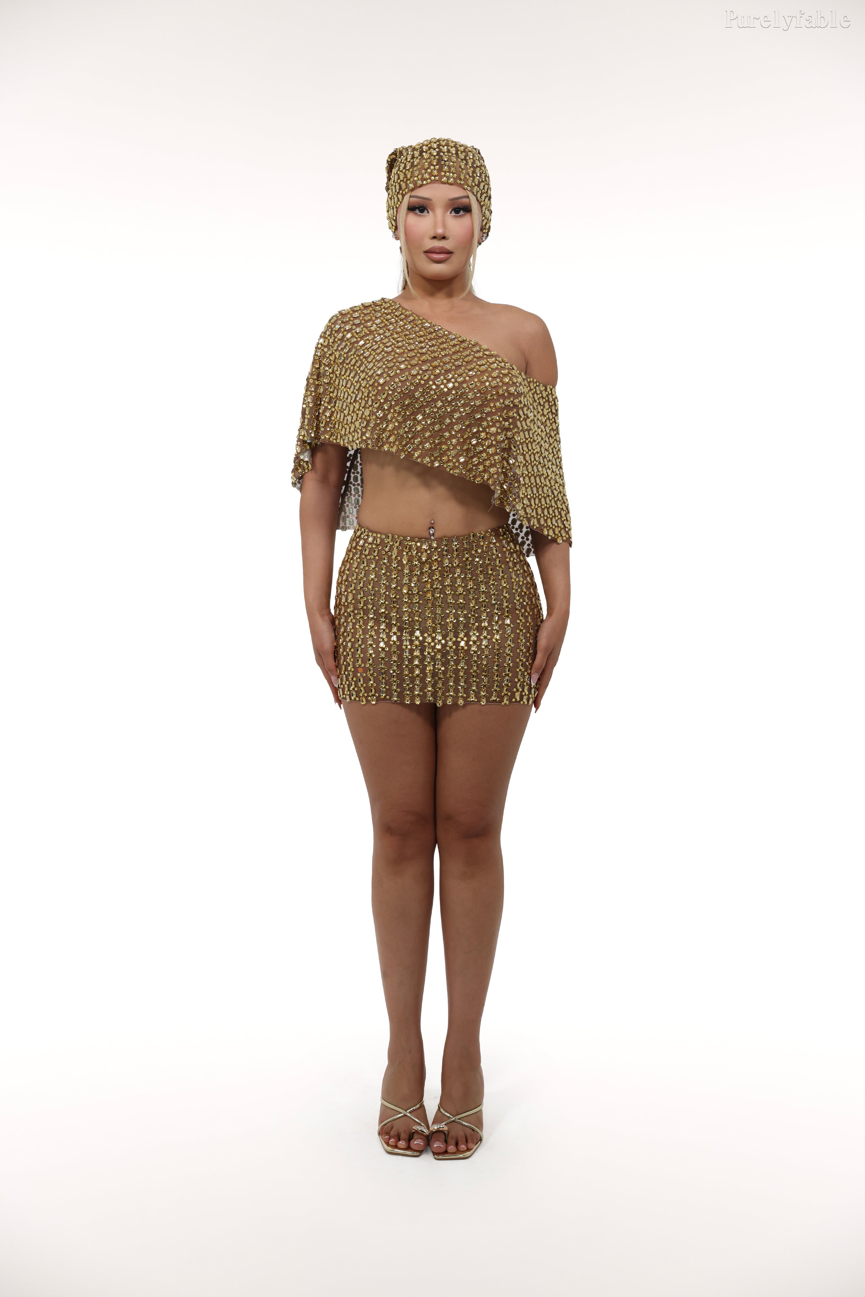 Rosalyn Gold Shoulder Glitter Short Skirt Two Piece Set