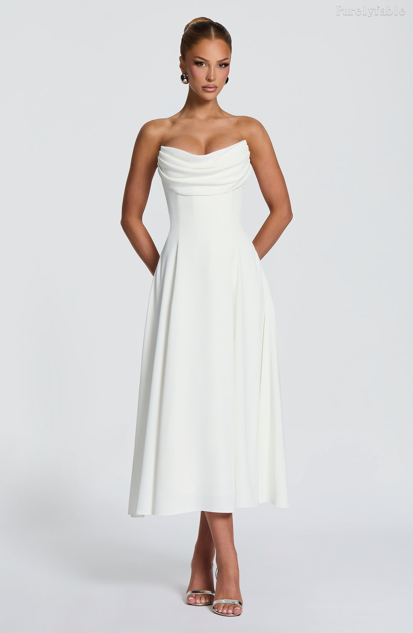 Rebecca White Strapless Swing Collar Midi Dress