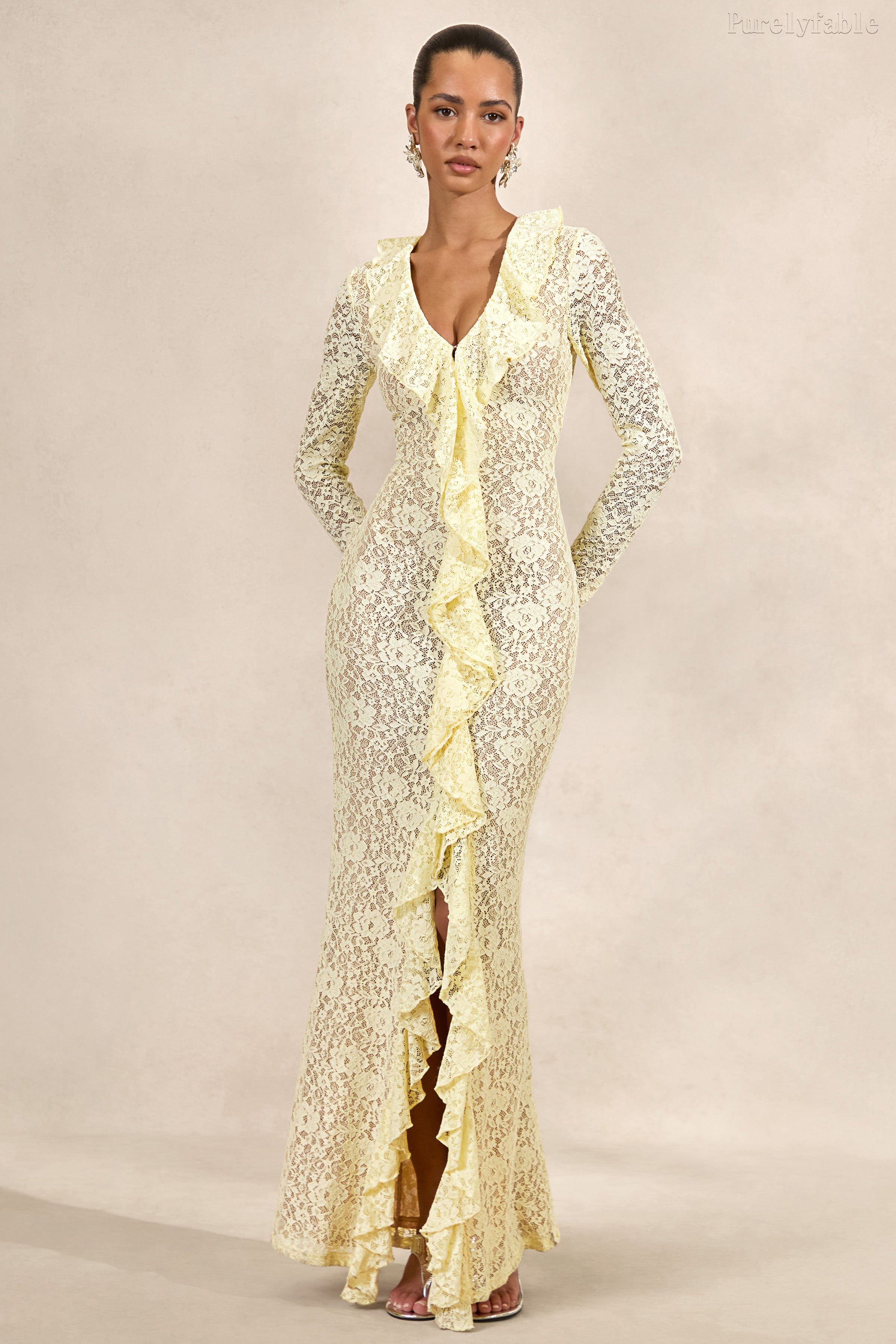 Vivianna Yellow Deep V-Neck Belled Long Dress