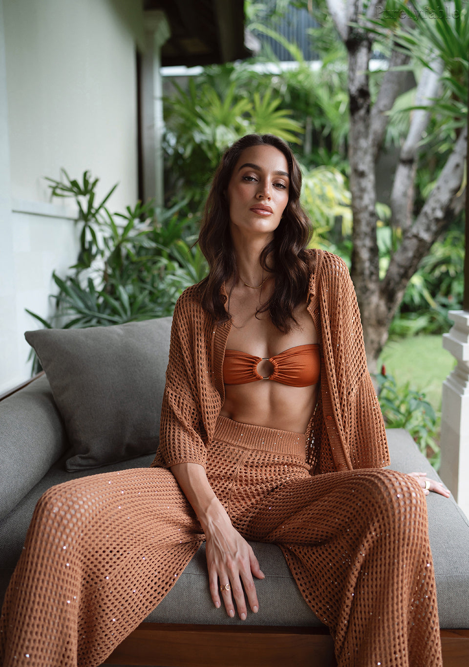 Emilia Brown Button-Down Long Pants Set