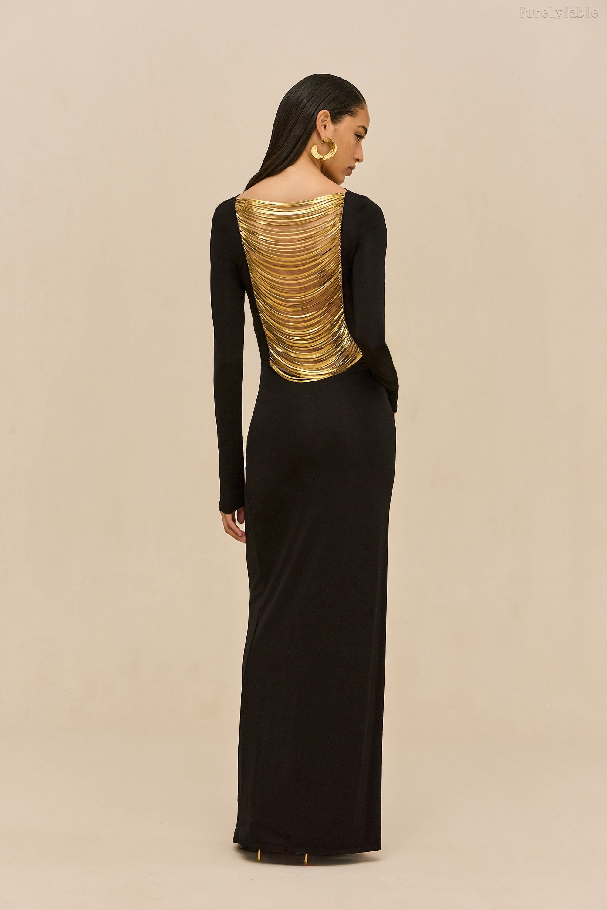 Delphine Black Long-Sleeved Backless Long Dress